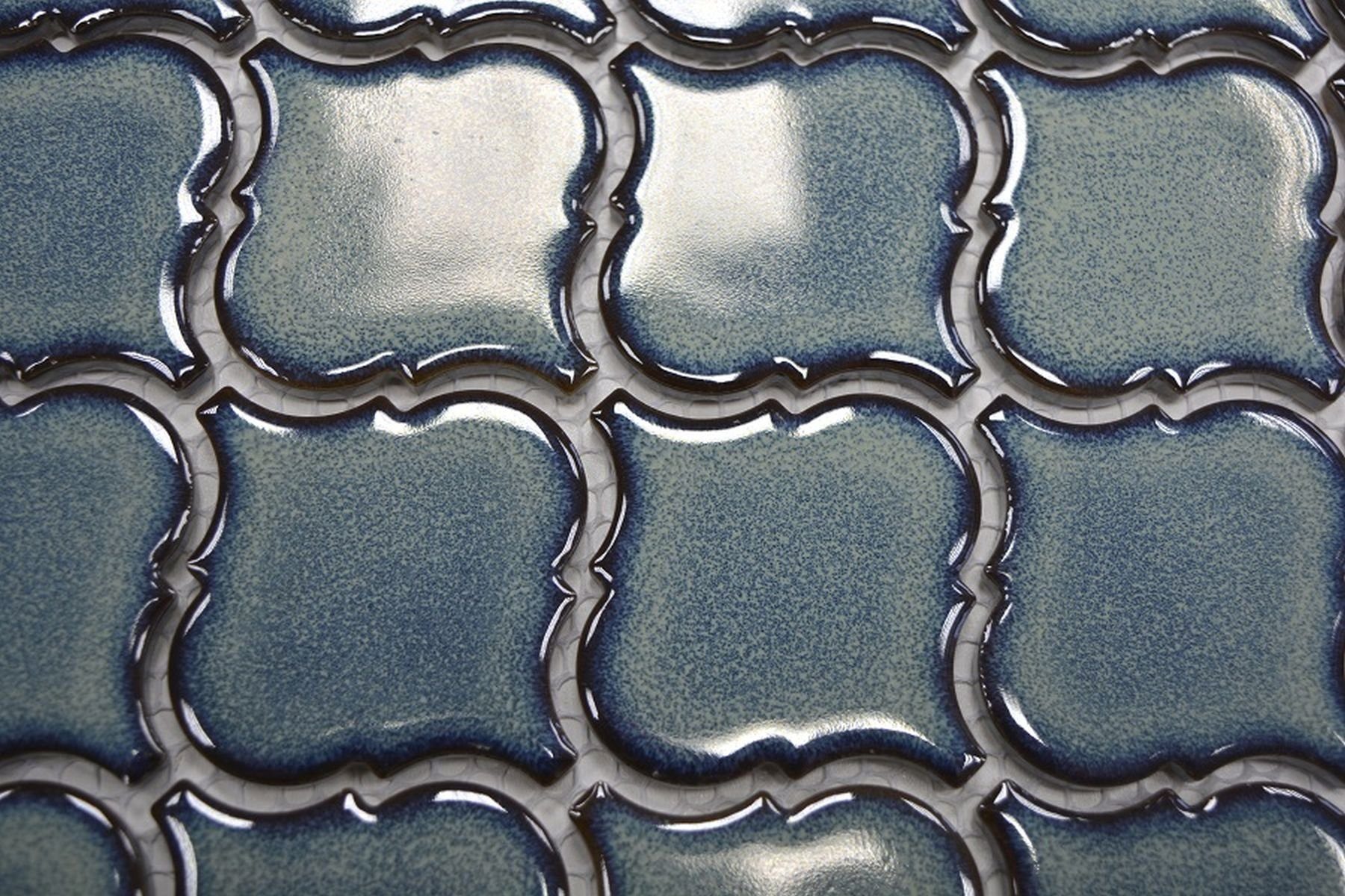 Mosani Mosaikfliesen Florentiner Retro Vintage Mosaik Keramik blau glänzend Bad Küche WC