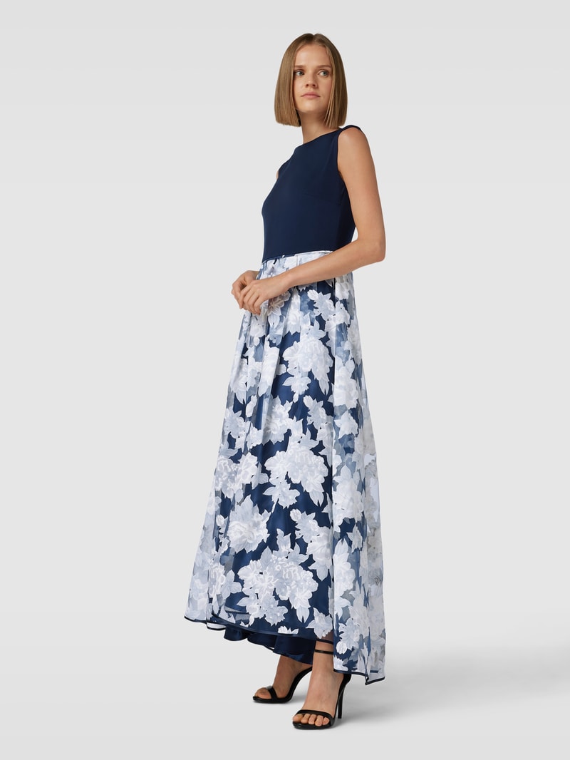 Abendkleid mit floralem Muster in marineblau meliert