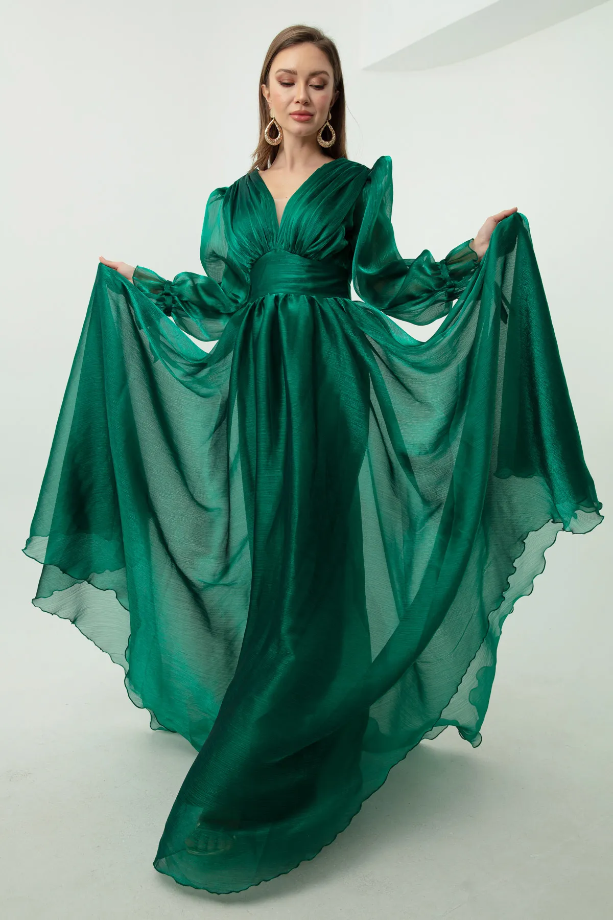 Lafaba  Smaragdgrünes langes Abendkleid mit Ballonärmeln und V-Ausschnitt für Damen