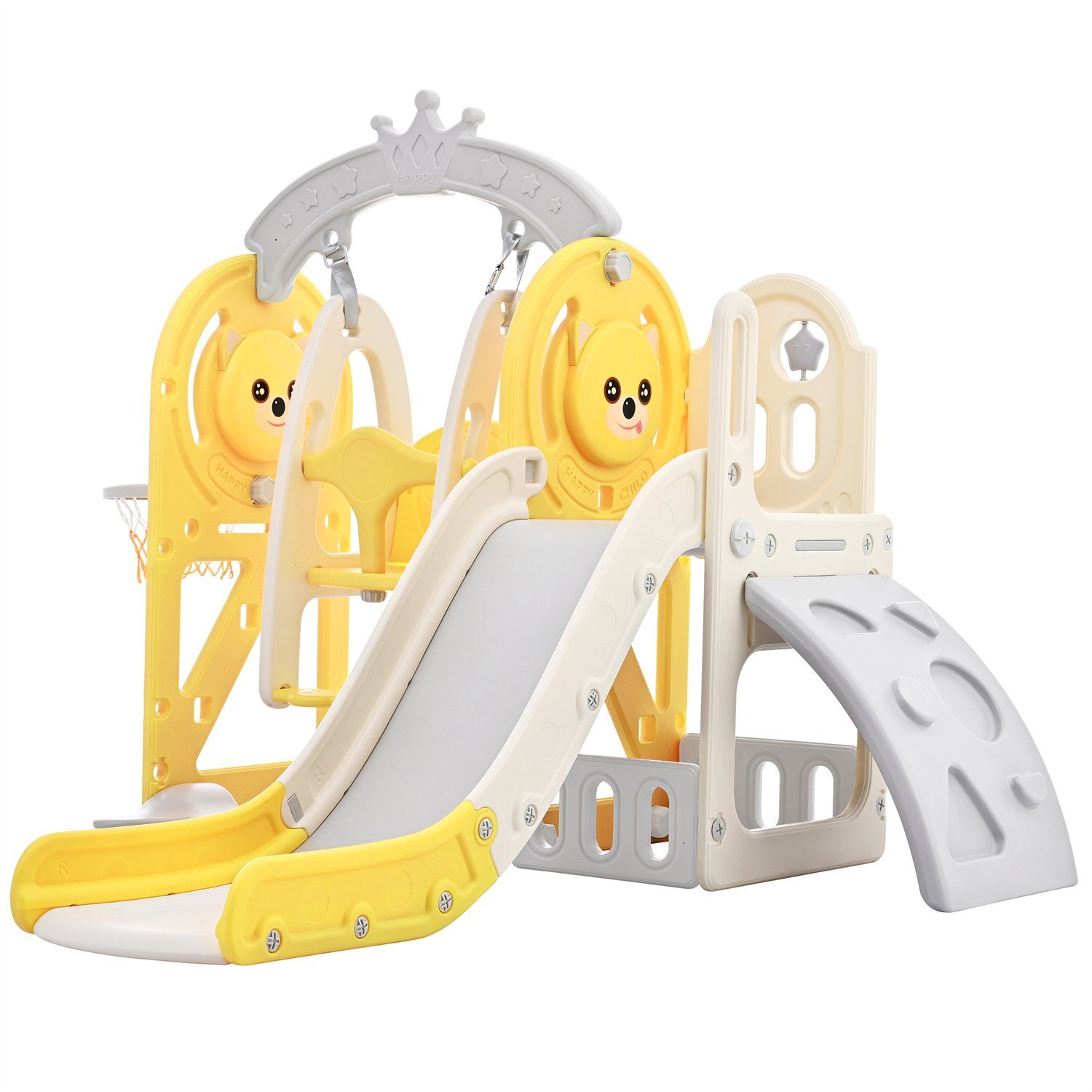 Fangqi Indoor-Rutsche 5 in 1 Kinderrutsche und Kletterspielzeug, Kinderspielzeug,Unisex, (Kinderrutsche, Klettern, Aufbewahrung, Schaukel, Basketballkorb. Hergestellt aus HDPE. Mit Cartoon Bild)