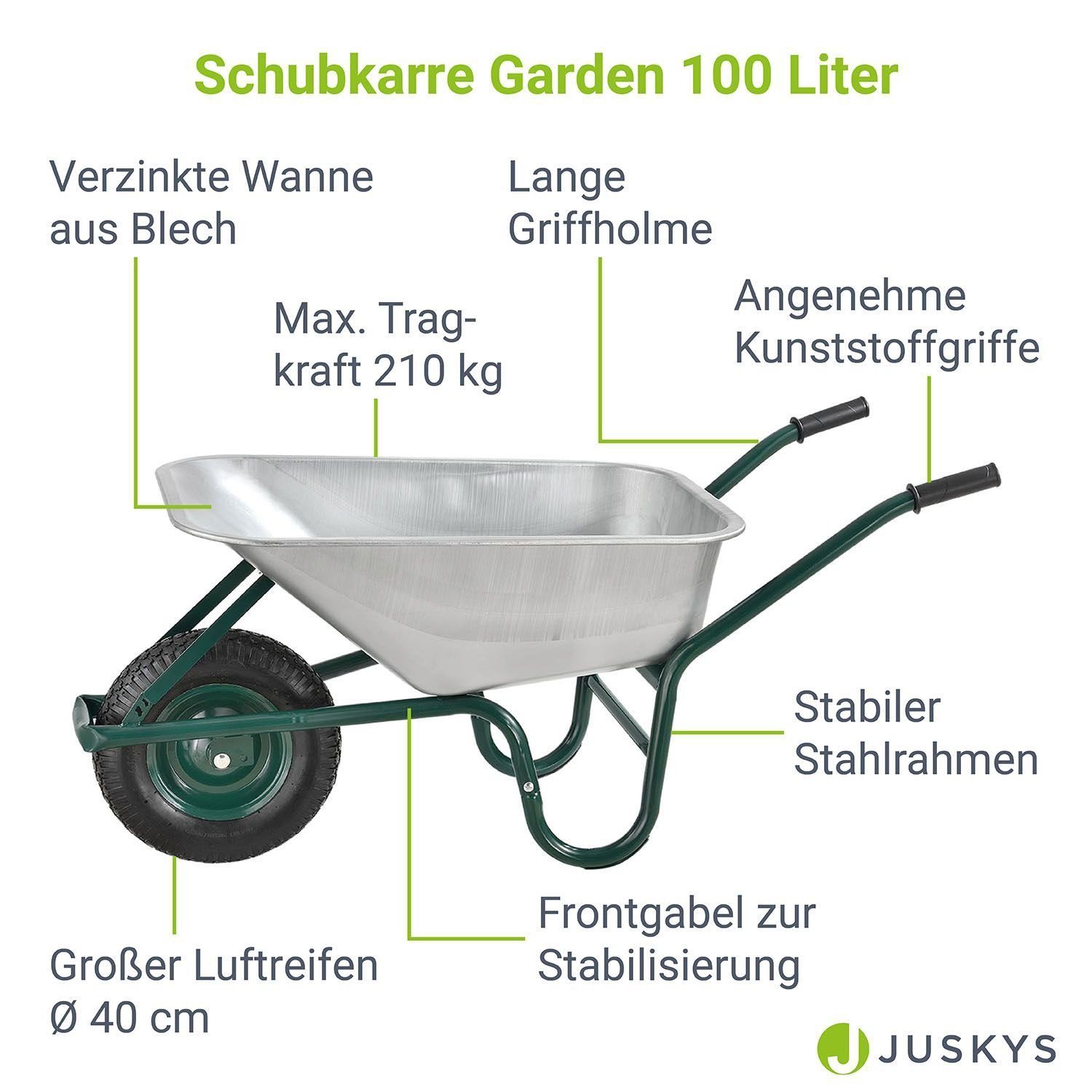 Juskys Schubkarre Garden, 100L, bis 210 kg, Luftreifen, verzinkte Wanne, inkl. Handschuhe