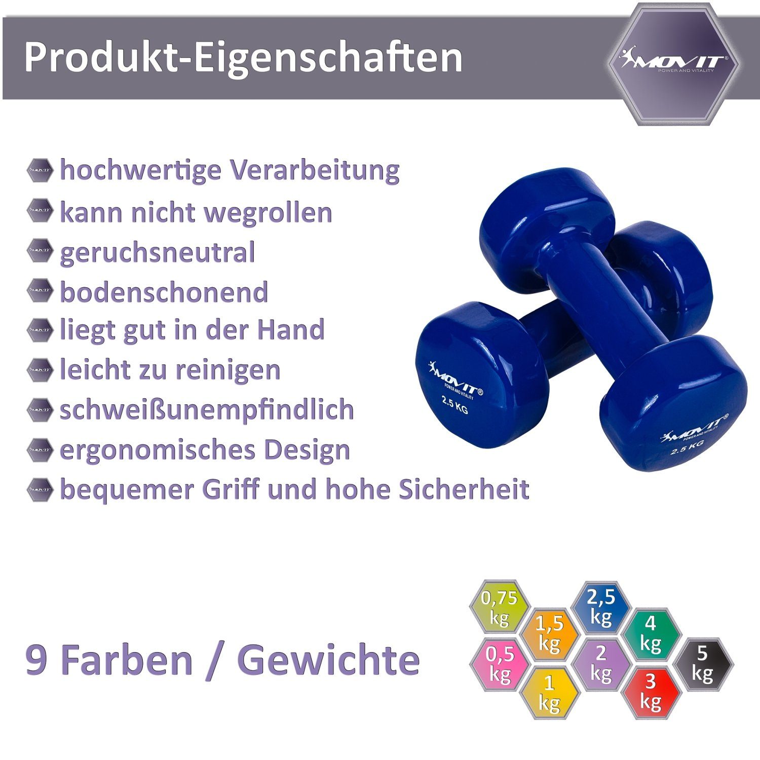 MOVIT Gymnastikhantel Movit® 2er Set Vinylhanteln, Oberfläche aus Vinyl, (Set, 2er Set), in 9 verschiedenen Gewichts-, Farbvarianten