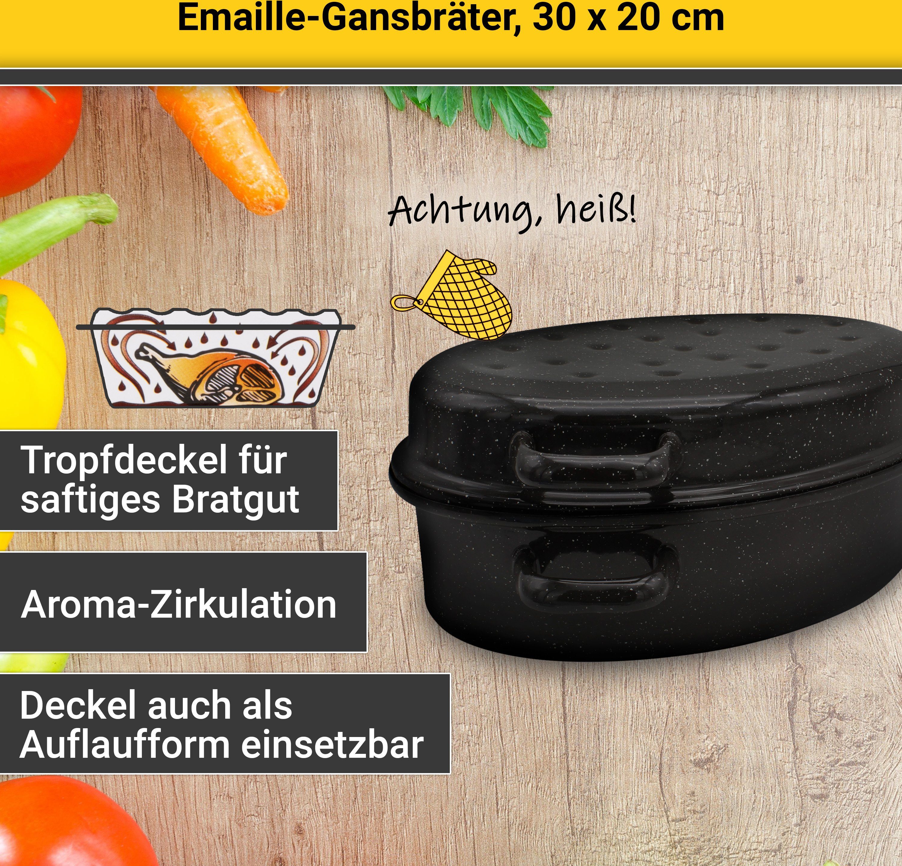 Krüger Bräter, emailliertes Stahlblech, gsprengelt, Tropfdeckel, Induktion