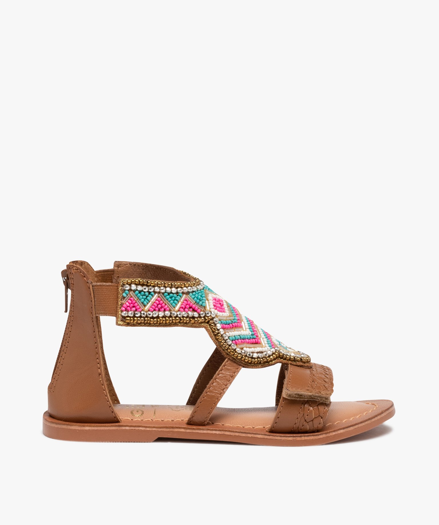 Sandales fille montantes à brides ornées de perles camel | GEMO