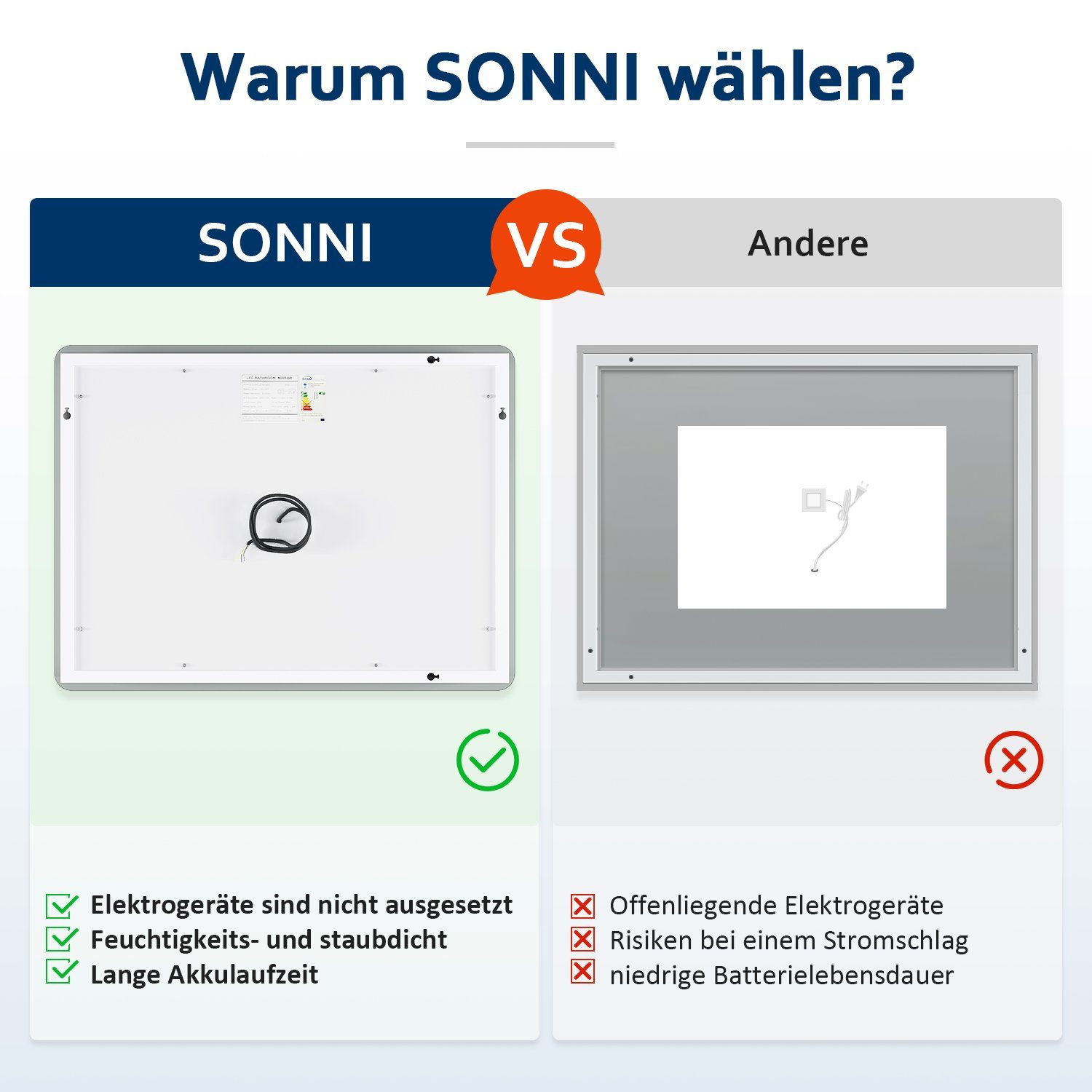 SONNI Badspiegel mit Beleuchtung Led Spiegel 70 x 50 cm mit Touch-Schalter Lichtspiegel, LED Spiegel Kosmetikspiegel Badezimmer Kaltweiß IP44 energiesparend
