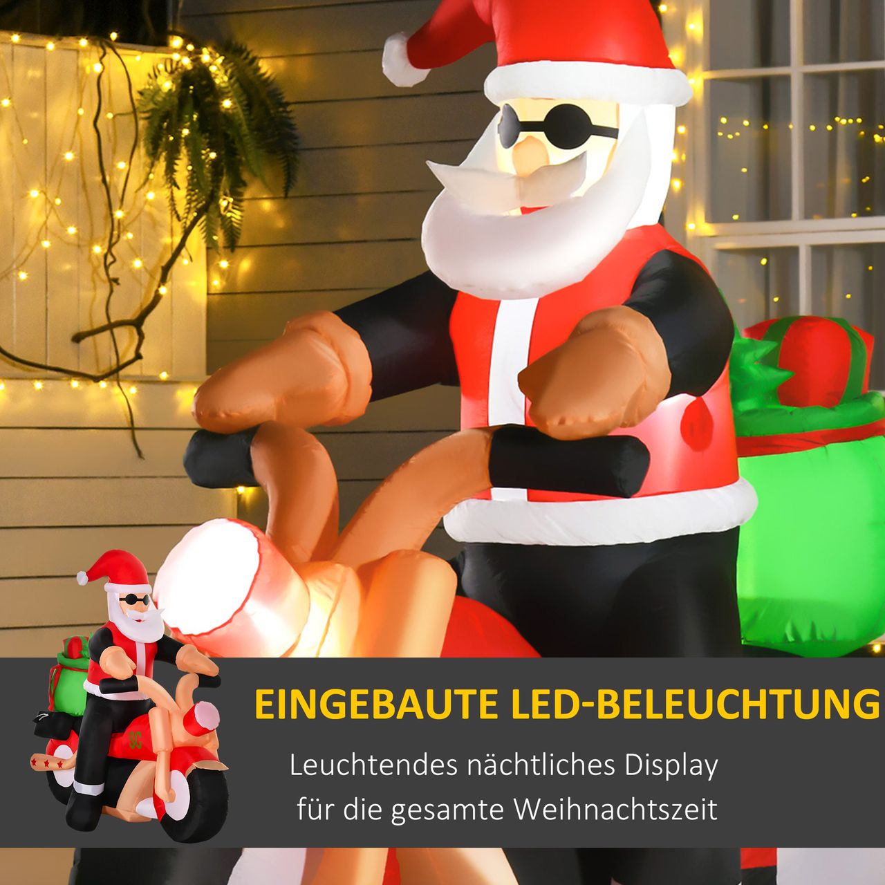 HOMCOM Aufblasbarer Weihnachtsmann auf einem Motorrad 150 cm LED mit Gebläse Weihnachts-Party Weihnachtsdekoration Polyester Weiß Rot Grün 153 x 55 x 150 cm