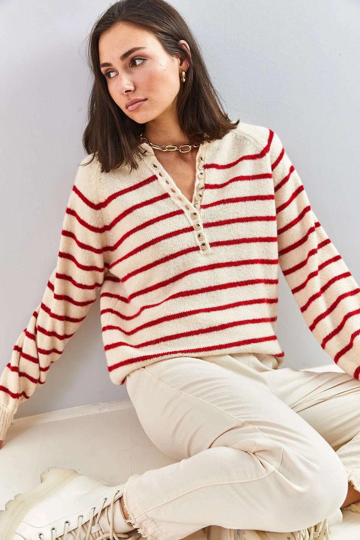 Bianco Lucci  Gestreifter Strickpullover mit Rollkragen und geknöpftem Kragen für Damen