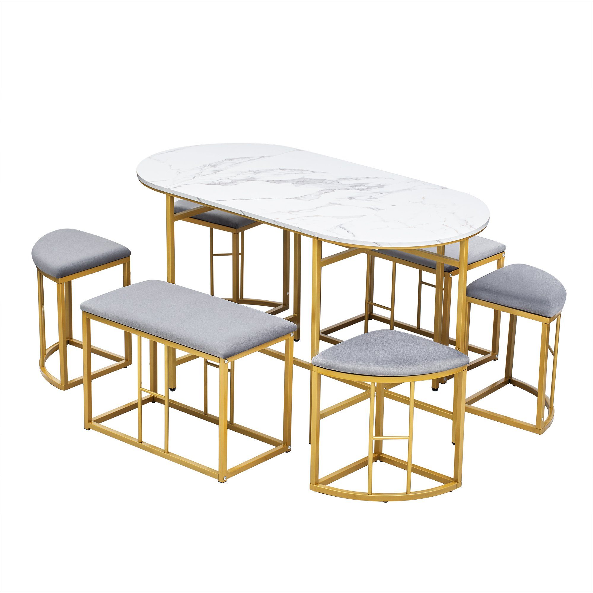 OKWISH Essgruppe, (1 Tisch, 4 Hocker und 2 bank, 7-tlg., Tisch in Marmoroptik), Hocker mit gepolstert