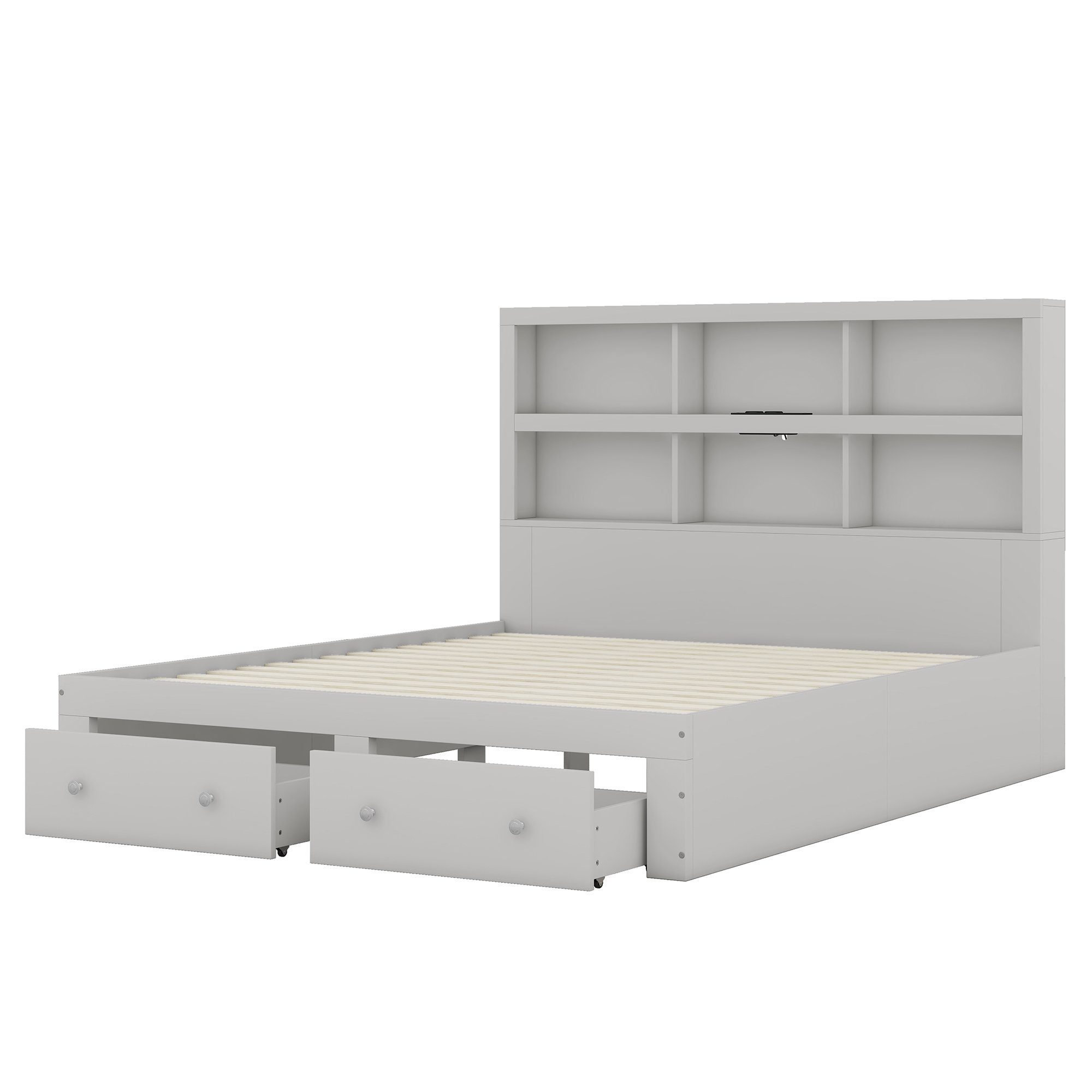 Merax Holzbett 160x200cm mit 6 Fächern und 2 Schubladen, Doppelbett Kingsize mit USB-Anschluss, aus Massivholz