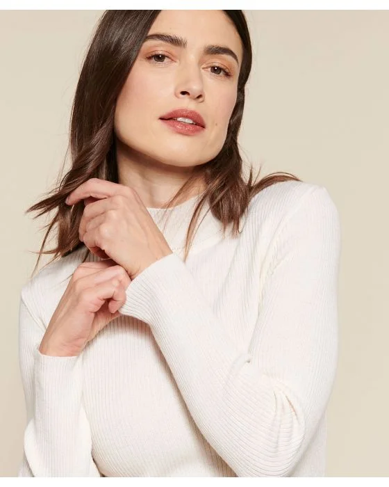 Pull col montant, 50% laine mérinos, uni et rayé