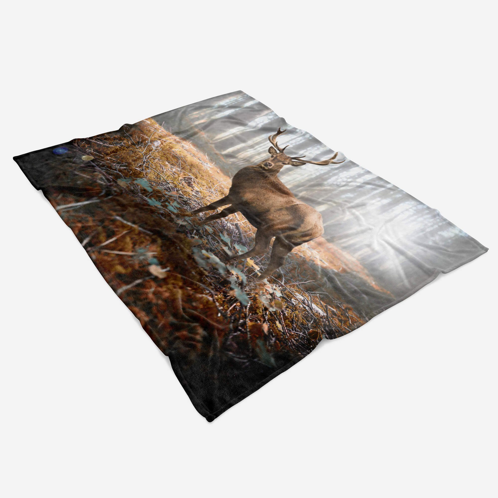 Sinus Art Handtücher Handtuch Strandhandtuch Saunatuch Kuscheldecke mit Tiermotiv Hirsch Wald Sonnen, Baumwolle-Polyester-Mix (1-St), Handtuch