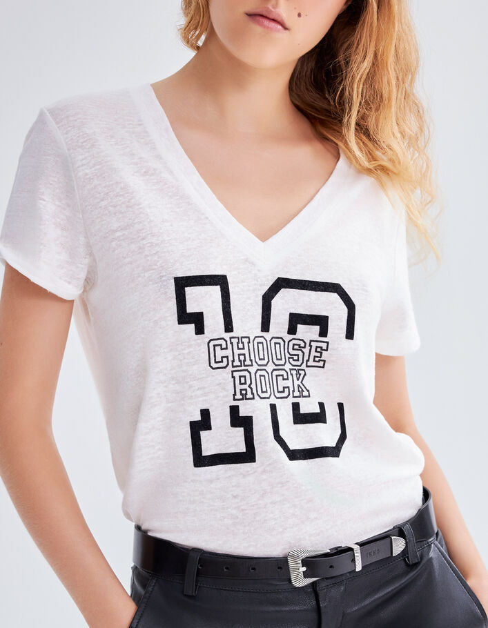 Tee-shirt écru en maille de lin à message Femme