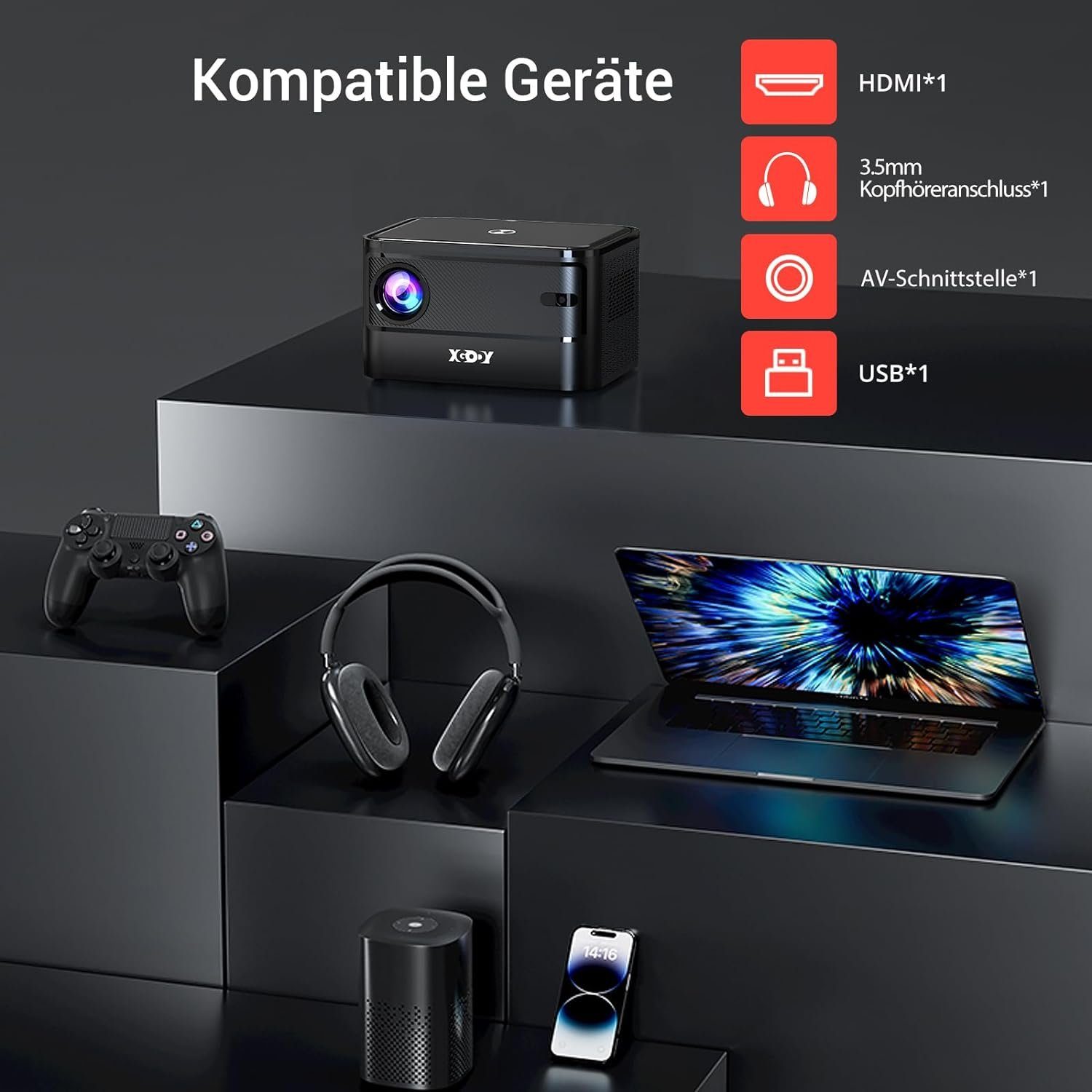 XGODY Portabler Projektor (9000 lm, 3000:1, 1920 x 1080 px, Projektor mit WLAN und Bluetooth 1080P Unterstützung HD Mini Heimkino)