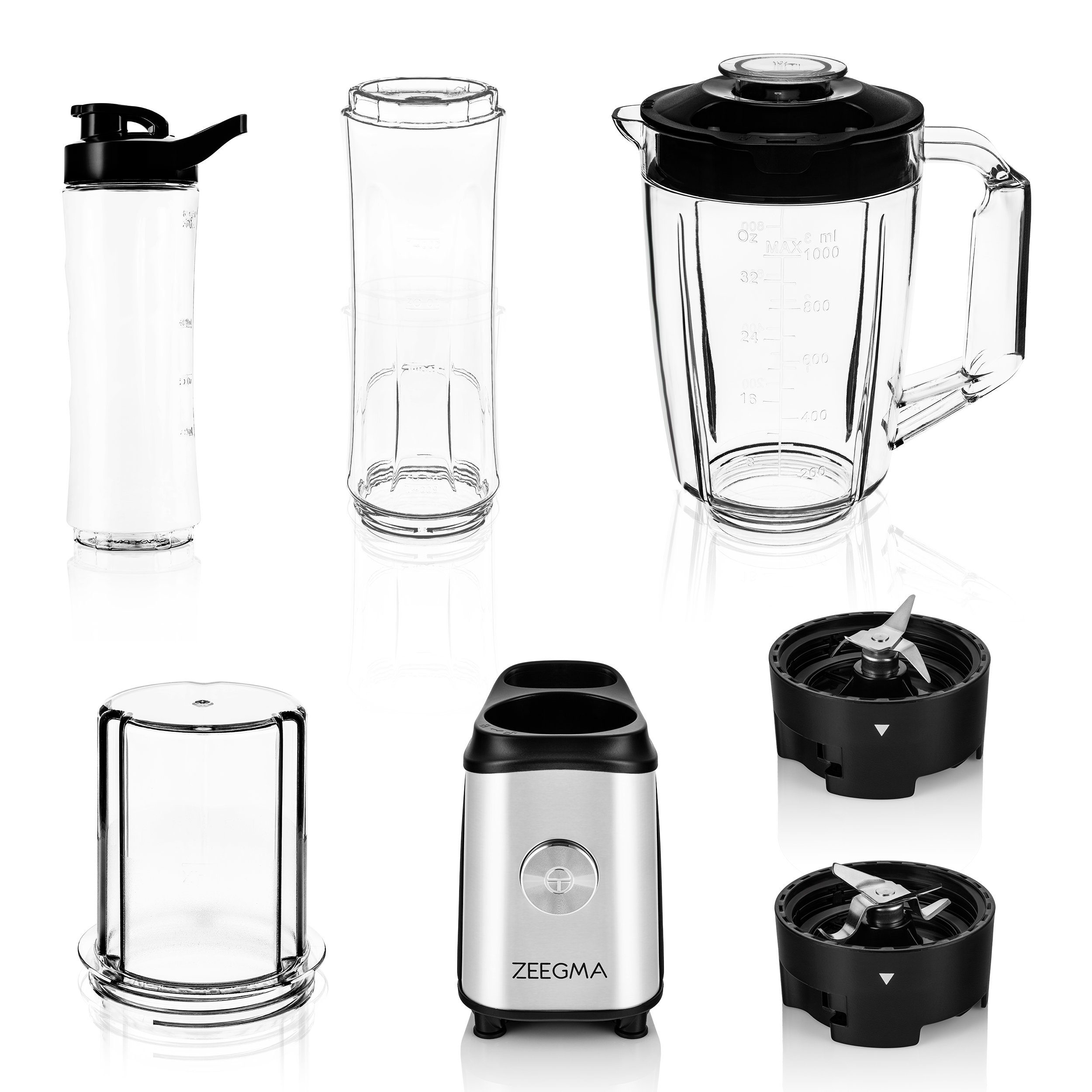 Zeegma Standmixer VITAMINE, 1050 W, 1L Krug Kaffeemühle Edelstahl 2x Sportwasserflasche *ICE-CRUSHER*