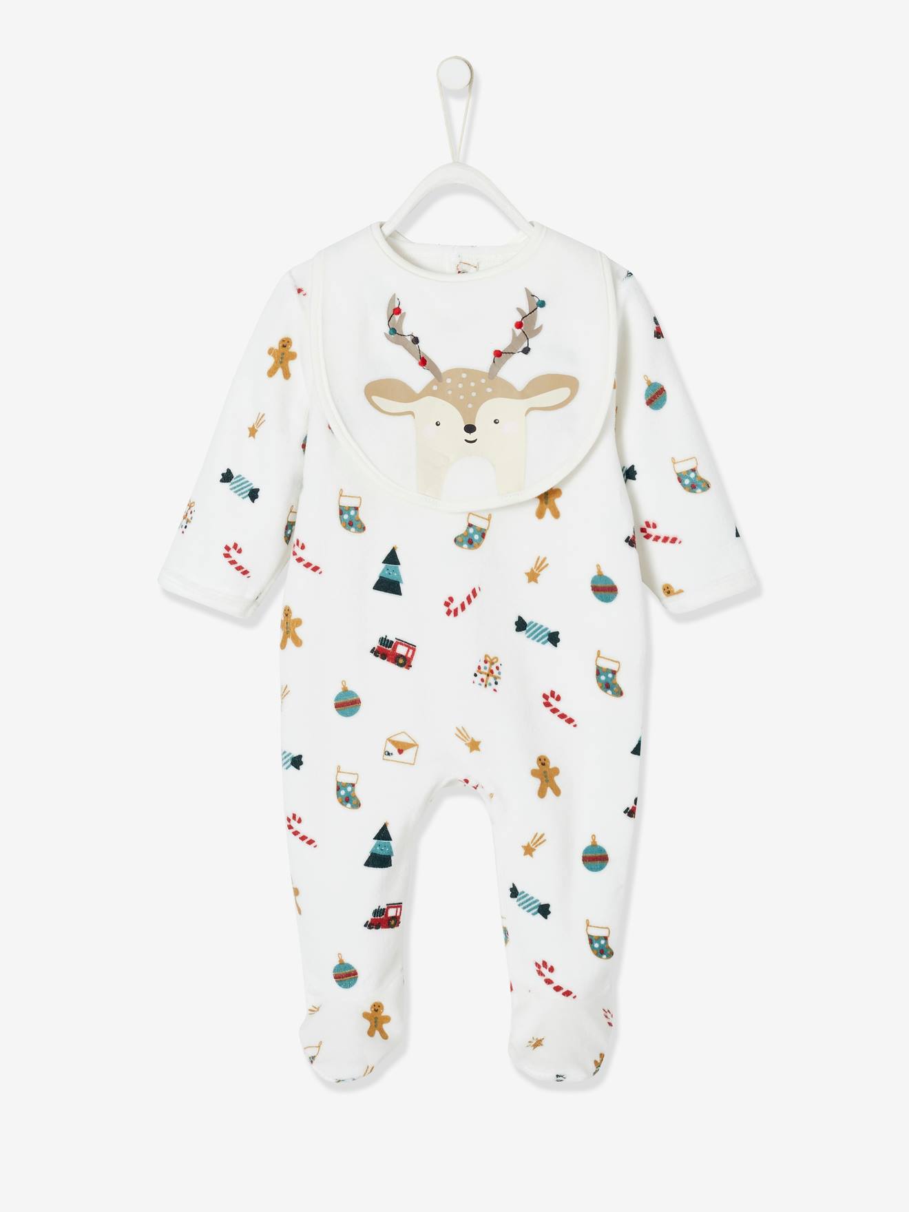 Coffret cadeau de Noël bébé dors-bien en velours + bavoir mixte ivoire imprimé