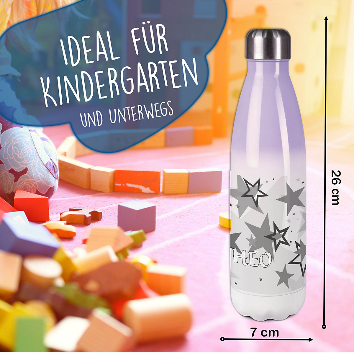 Edelstahl Kinder Thermoflasche / Trinkflasche bunt Sternenhimmel Farbe grau Spülmaschinenfest, Auslaufsicher, Bruchfest, Doppelwandig, Für Heißgetränke geeignet, Mit Deckel, Isoliert