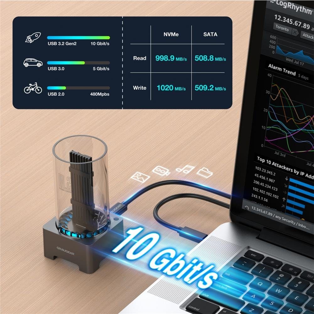GRAUGEAR Festplatten-Dockingstation 18048, USB C M.2 NVMe NGFF SSD USB 3.2 leiser Lüfter Dockingstation schwarz