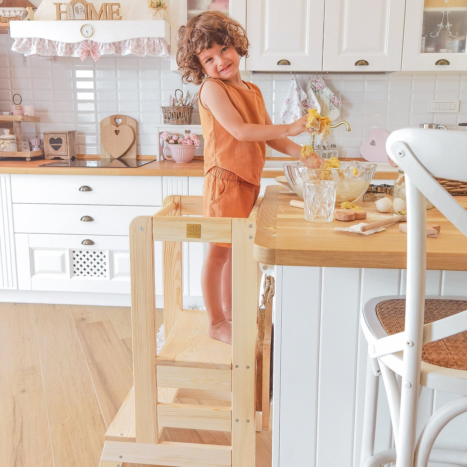 MeowBaby Stehhilfe Lernturm für Kinder Montessori Lernstuhl Blau (1 St), Kinderhocker, Höhenverstellbar, Abgerundete Ecken & Kanten