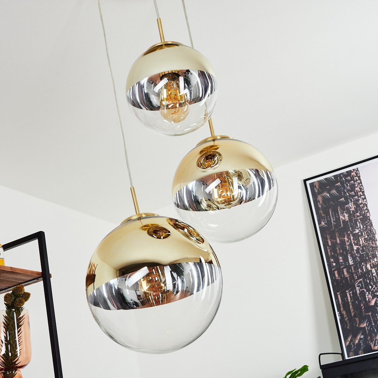 hofstein Hängeleuchte Arola 3-flammige Deckenlampe aus Metall in Gold, ohne Leuchtmittel, Moderner Look Pendellampe mit Glasschirm in Gold. 1xE27