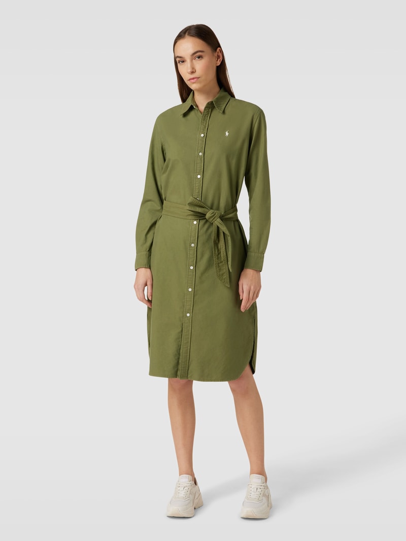 Blusenkleid mit Logo-Stitching und Bindegürtel Modell 'CORY' in olivgrün