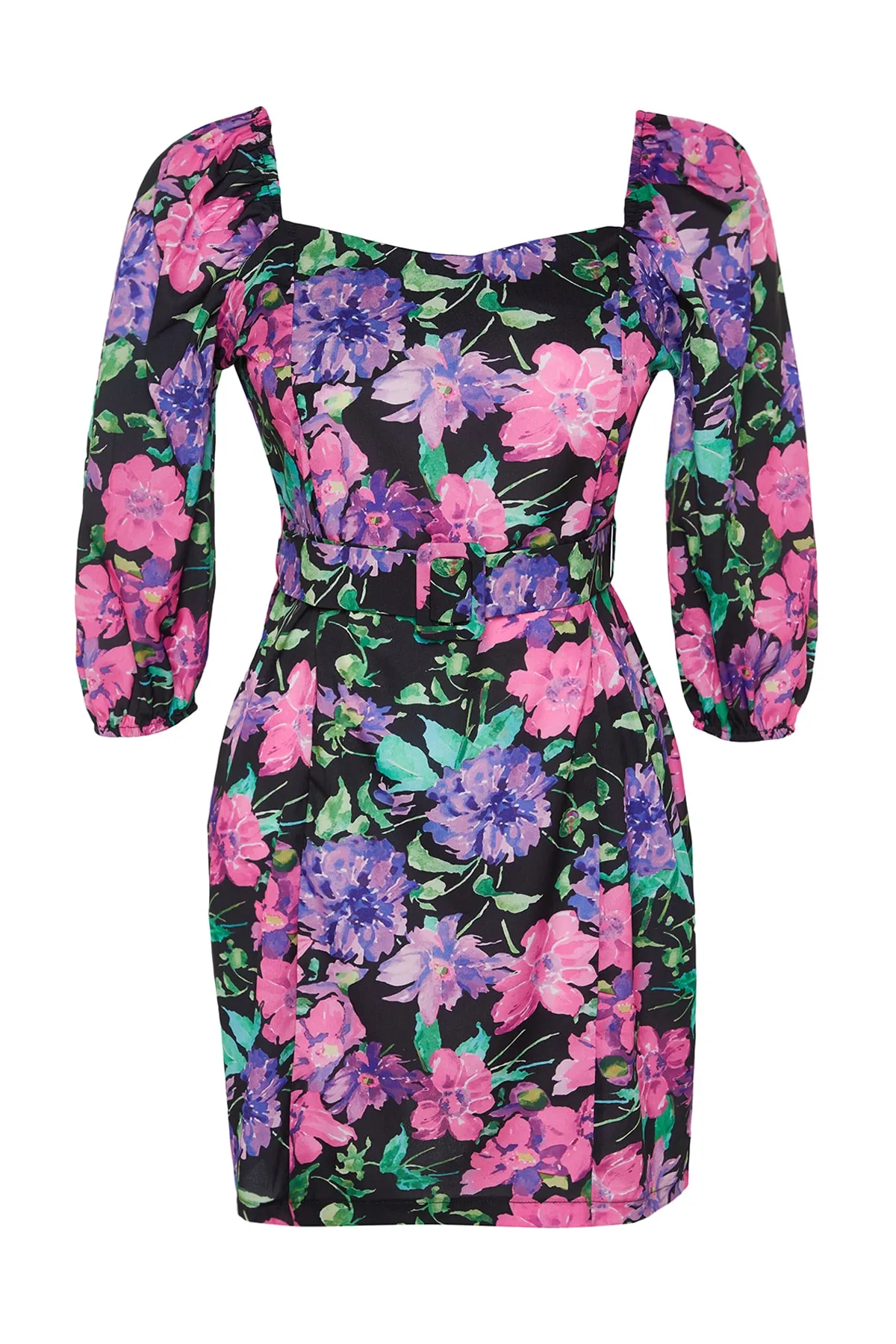 Trendyol Curve  Mini-Webkleid mit Blumenmuster und Gürtel TBBSS22EL00039