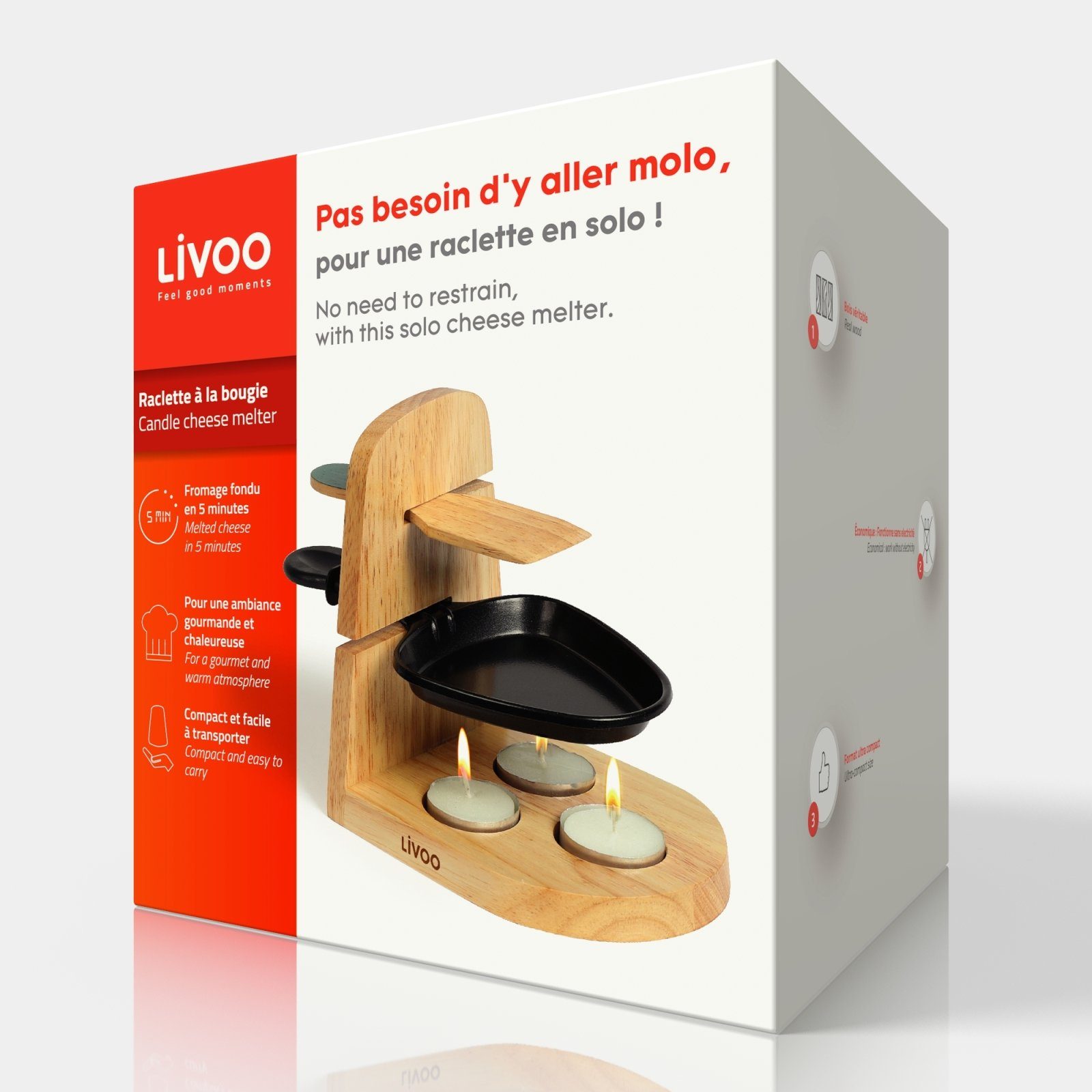 LIVOO Raclette LIVOO Raclette Set 1 Person Teelicht Camping Kerzen Holzspatel MEN397, 1 Raclettepfännchen, Teelichter, Racletteschieber, Raclettepfanne, Ständer aus Gummiholz