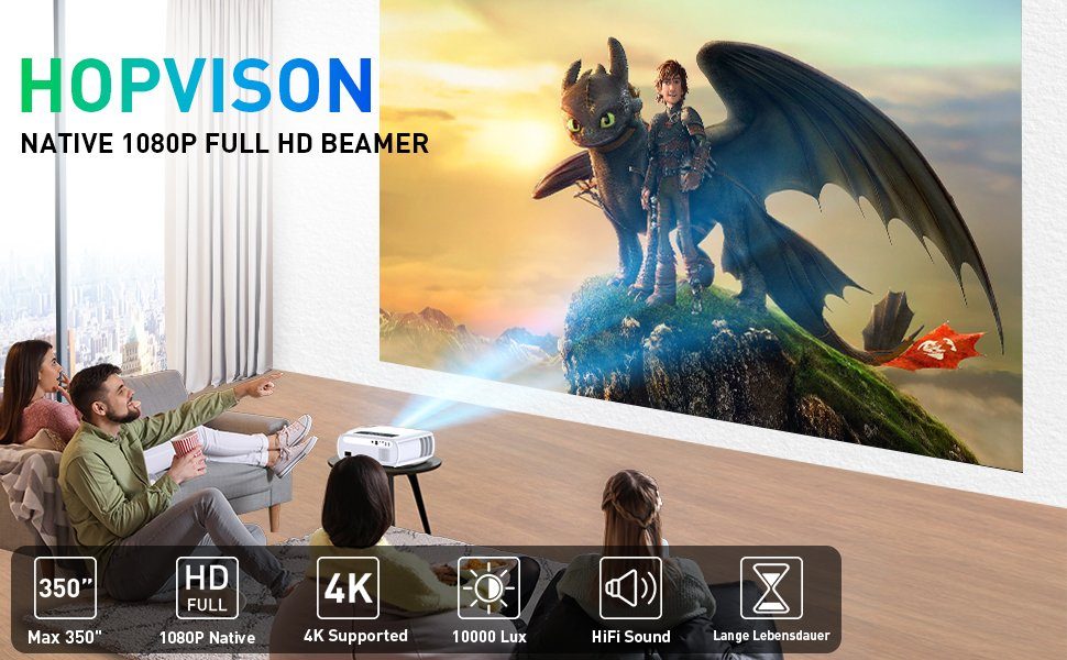 HOPVISION Native 1080P 4K unterstützt Portabler Projektor (10000 lm, 12000: 1, 1920x1080 px, Maximal 350''Display langlebig, vielseitig vernetzbar mit SRS-Sound)