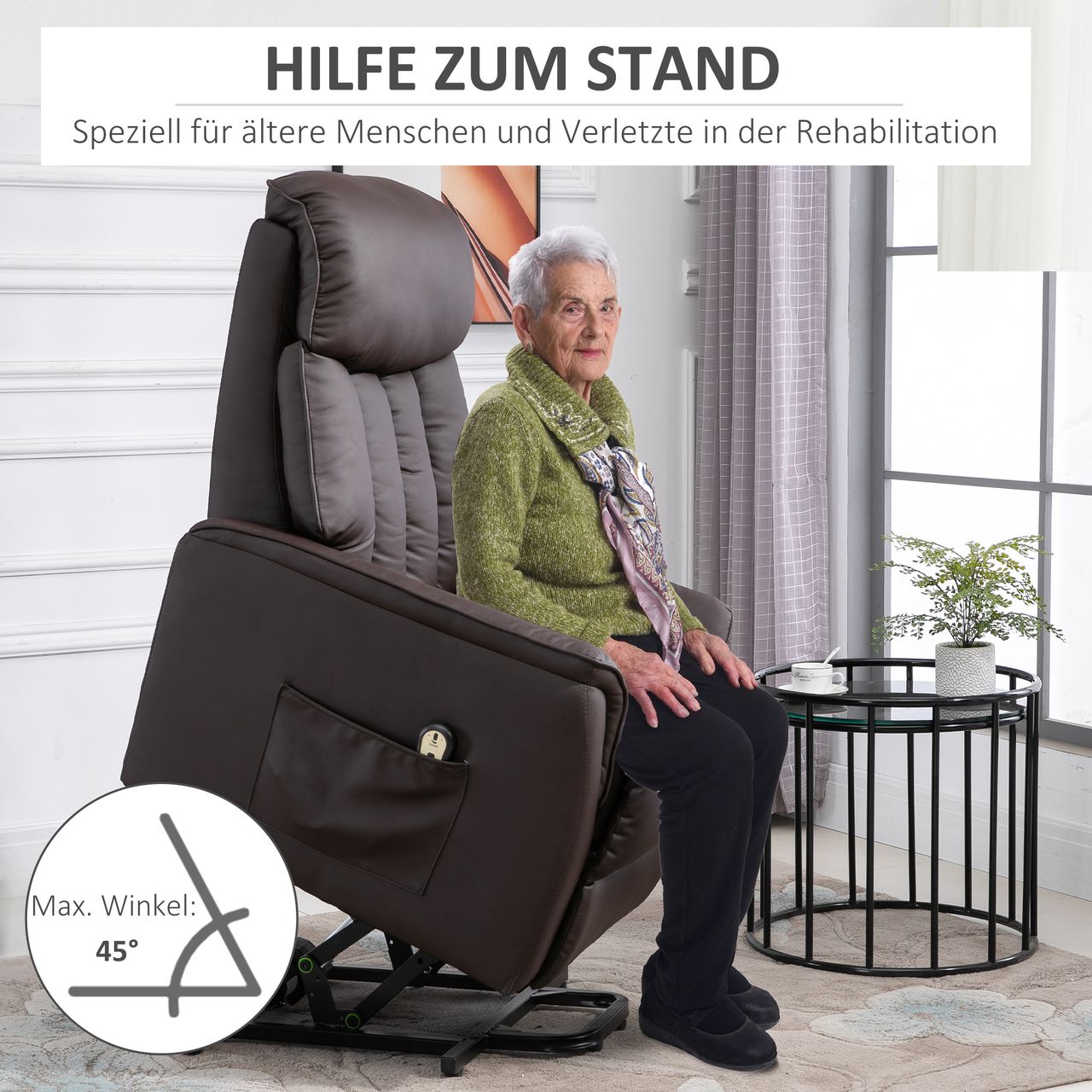 HOMCOM Aufstehsessel mit Aufstehhilfe Fernsehsessel Liegefunktion Braun