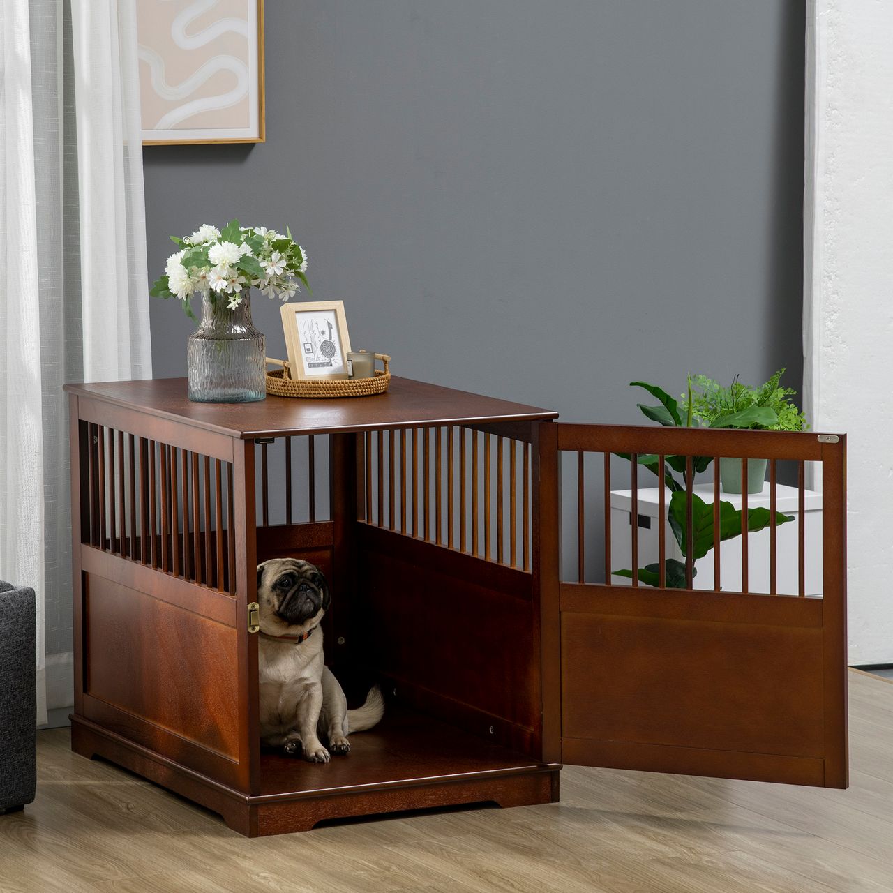 PawHut Hundekäfig, Hundehütte mit Tischplatte, Haustierkäfig, Hundebox, Braun