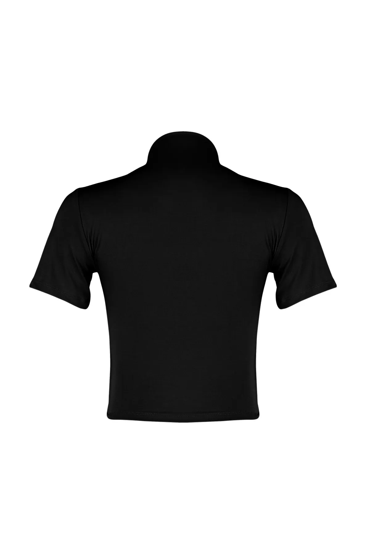 Trendyol Collection  Schwarze kurzärmlige drapierte Crop-Bluse mit Stehkragen und Strickbluse TWOSS24BZ00422