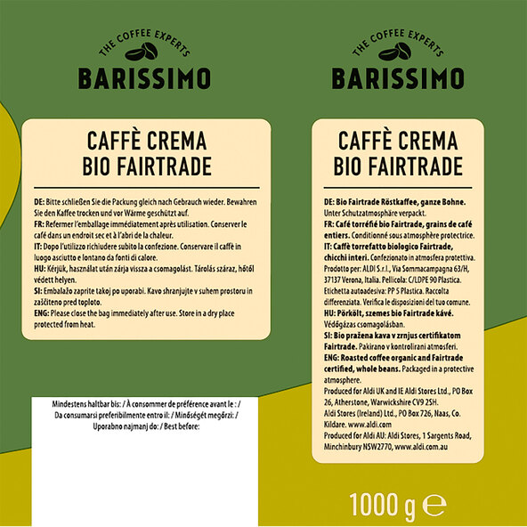 Bio Caffè Crema Fairtrade, 8 x 1 kg, ganze Bohne
