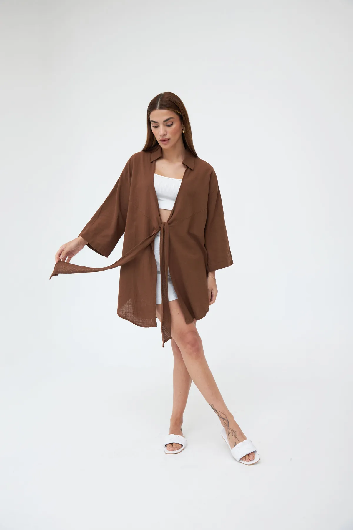 Laluvia  Coffee Flam Leinen-Kimono-Shirt