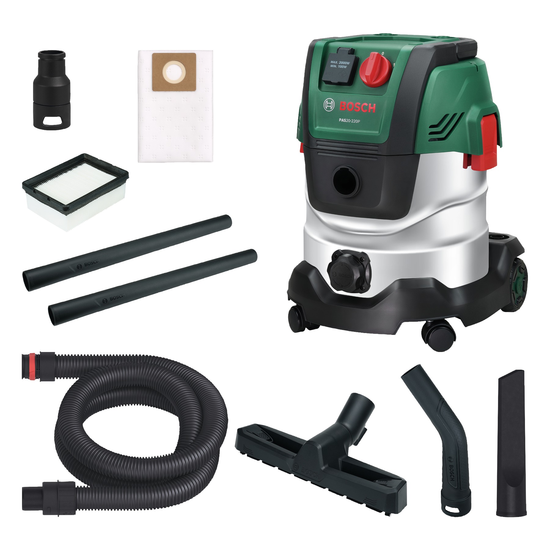 Aspirateur Bosch Vert 06033E7200 PAS20-220P avec kit d'accessoires dans sa boîte