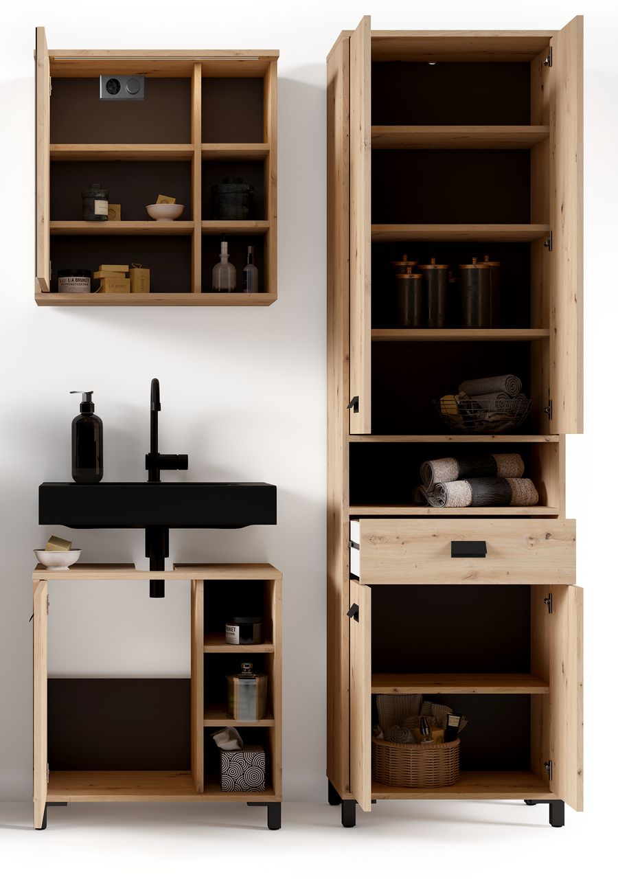 byLiving WELLNESS Waschbeckenunterschrank, Eiche-Optik, Alu/Kunststoff schwarz