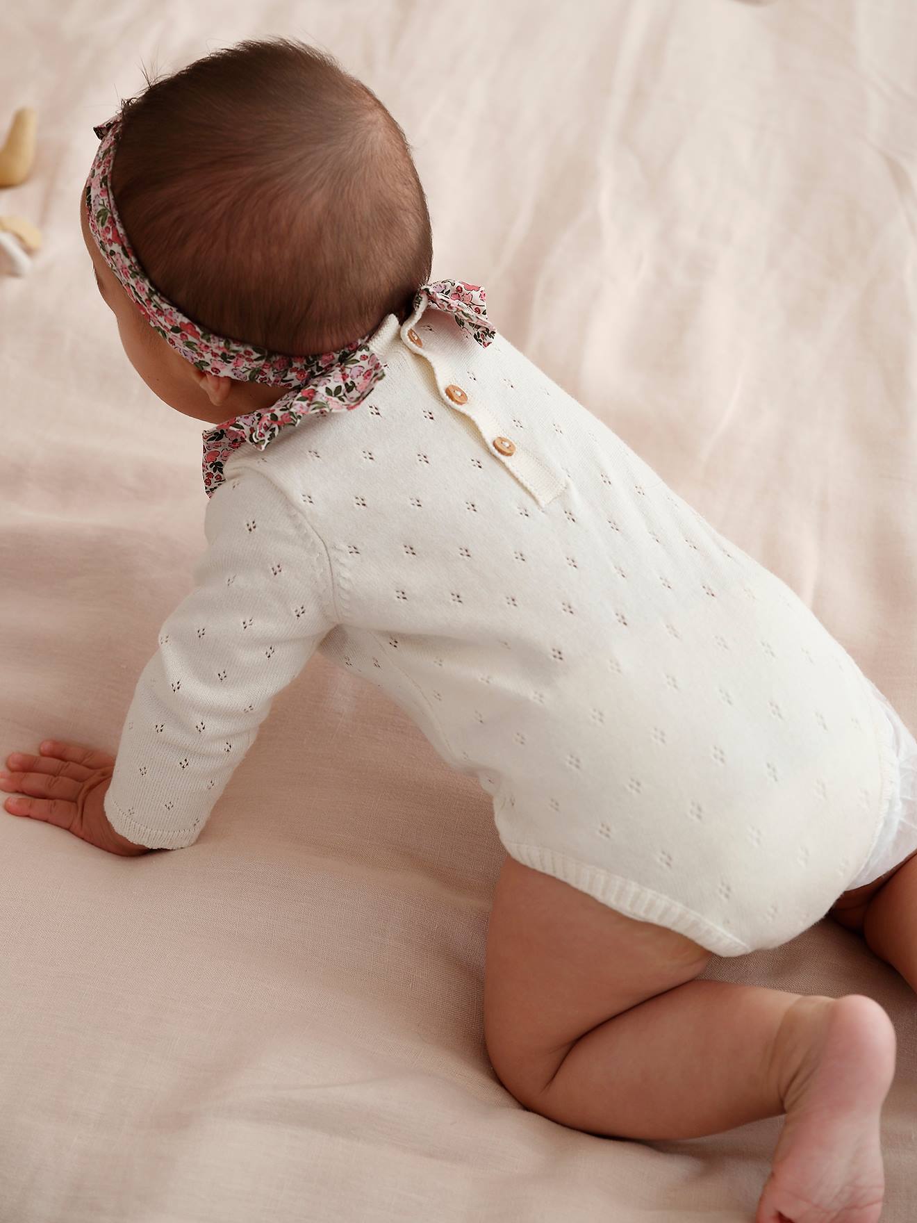 Vertbaudet Baby-Set: Kurzoverall & Haarband - wollweiß