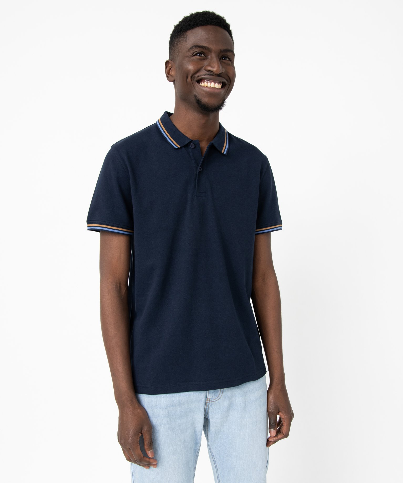 Polo homme en maille piquée avec finition rayée bleu fonce | GEMO