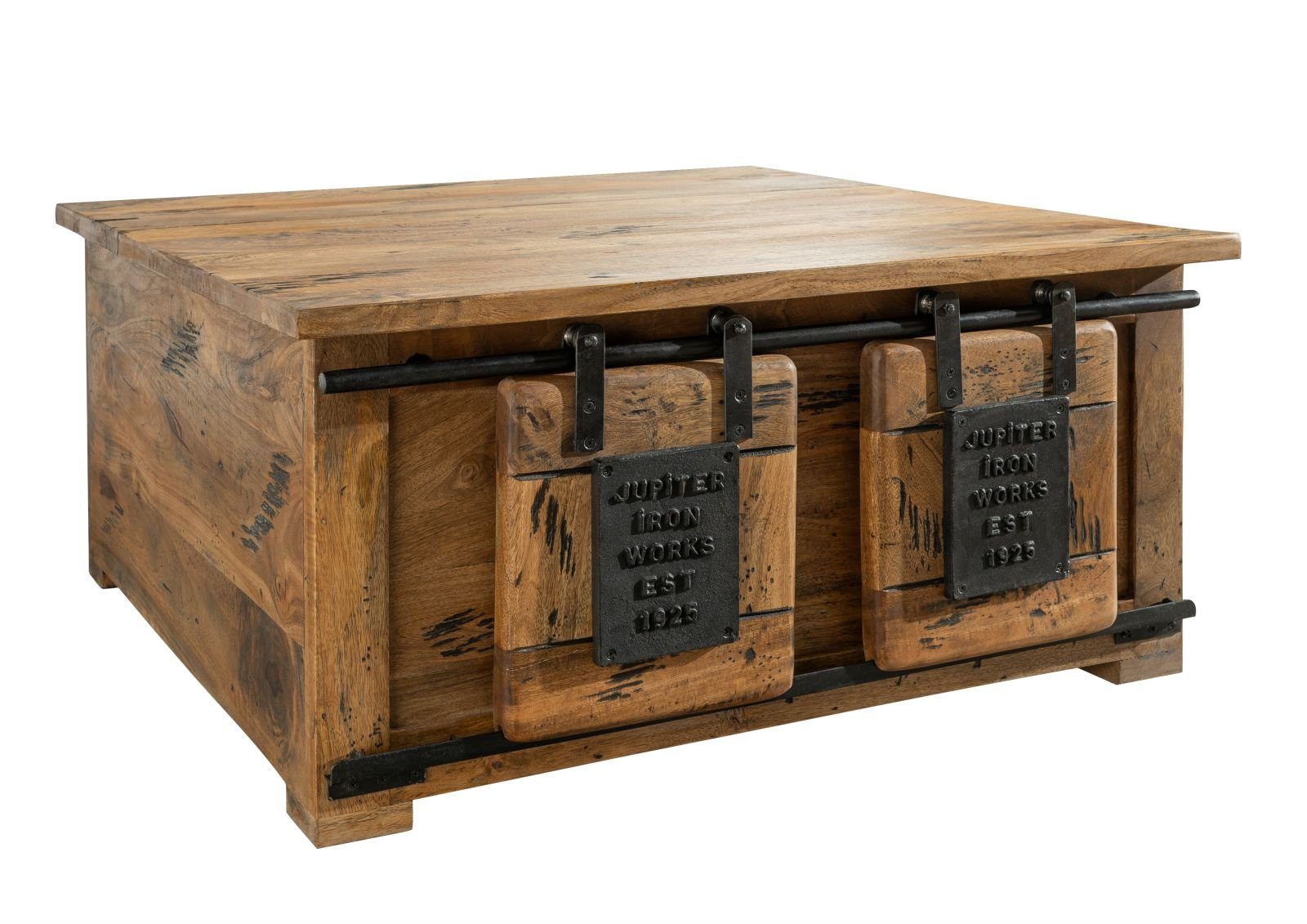 Massivmoebel24 Truhe RAILWAY (Holztruhe, Holzkiste mit Deckel, Aufbewahrungstruhe für Stauraum aus Massivholz, Truhe im Industrial Stil mit dekorativen Schiebetüren, perfekt auch als Couchtisch oder Beistelltisch nutzbar, natur lackiert 90x90x45 Mang