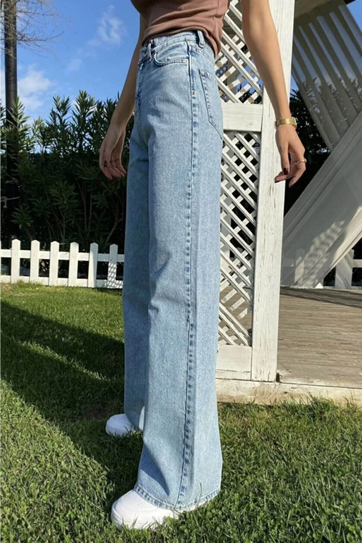 LİMABEL  Elaa End Game Blue Ice Damen-Palazzohose aus Lycra im 90er-Stil mit superhohem, lockerem Bein und weitem Denim