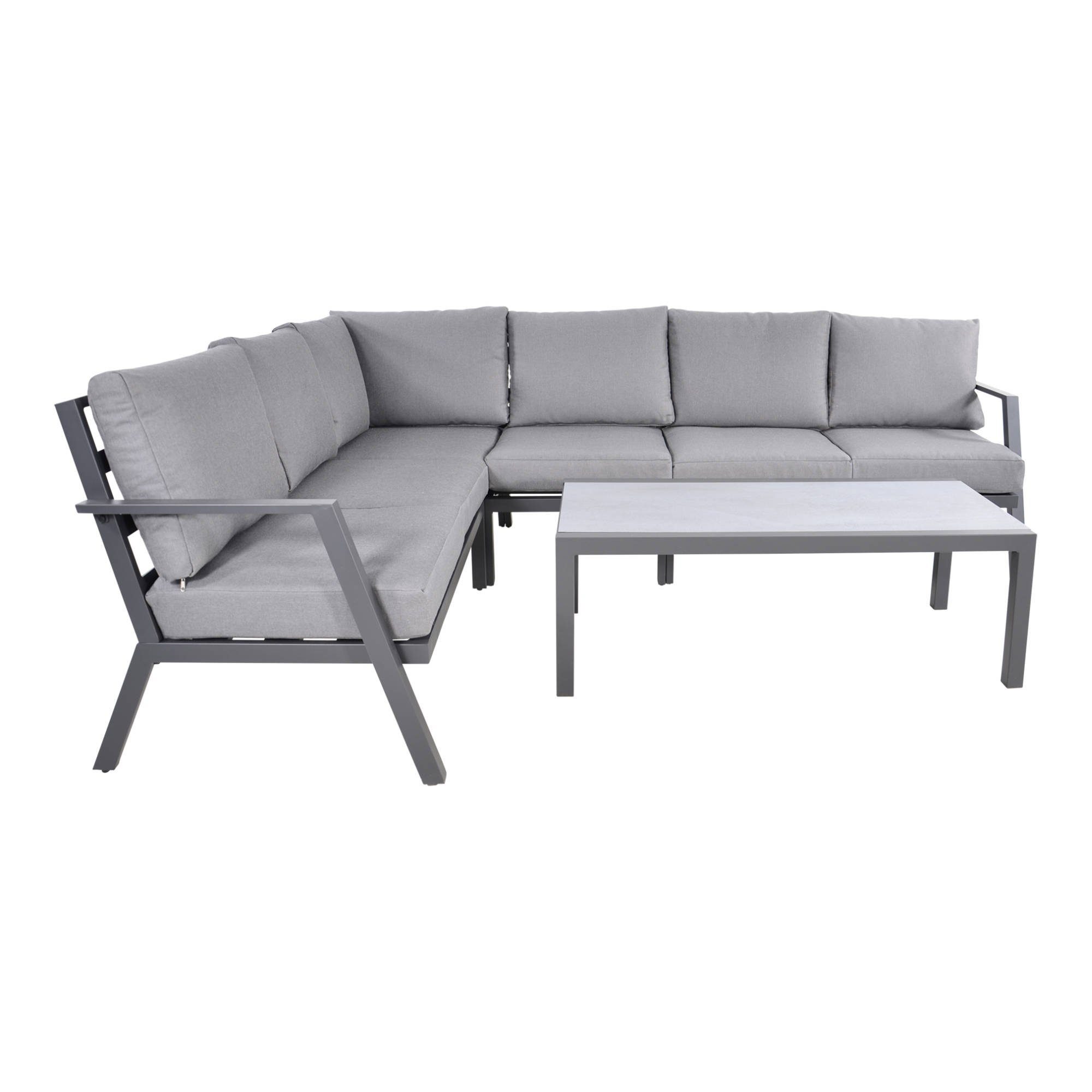 GMD Living Eckbankgruppe MARAH, (Eckbank Loungeset, 5-tlg., bestehend aus 3 Sofas, 1 Eckteil & 1 Tisch inkl. Polsterkissen), 5mm Glastischplatte in Keramikoptik, otudoorgeeignet