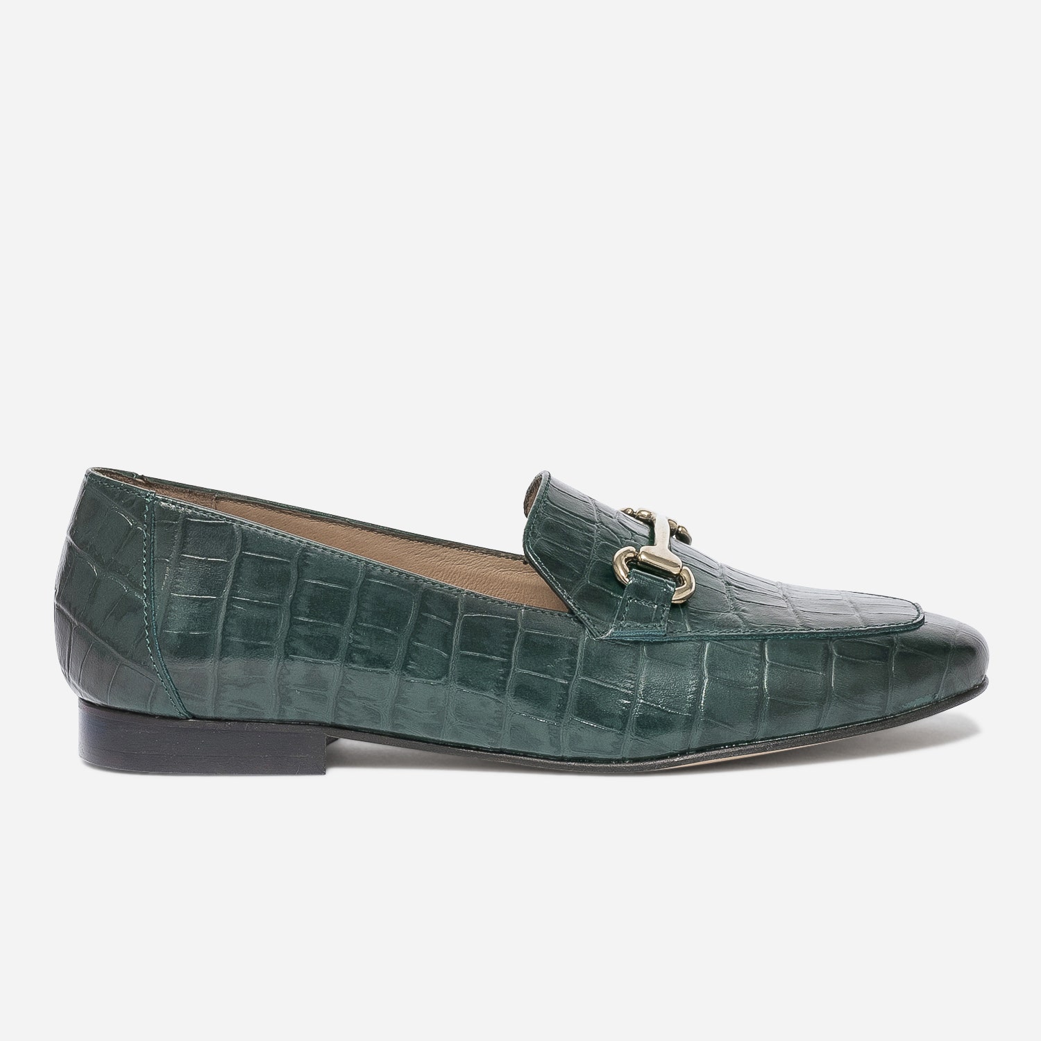 Mocassin vert en cuir effet croco à mors