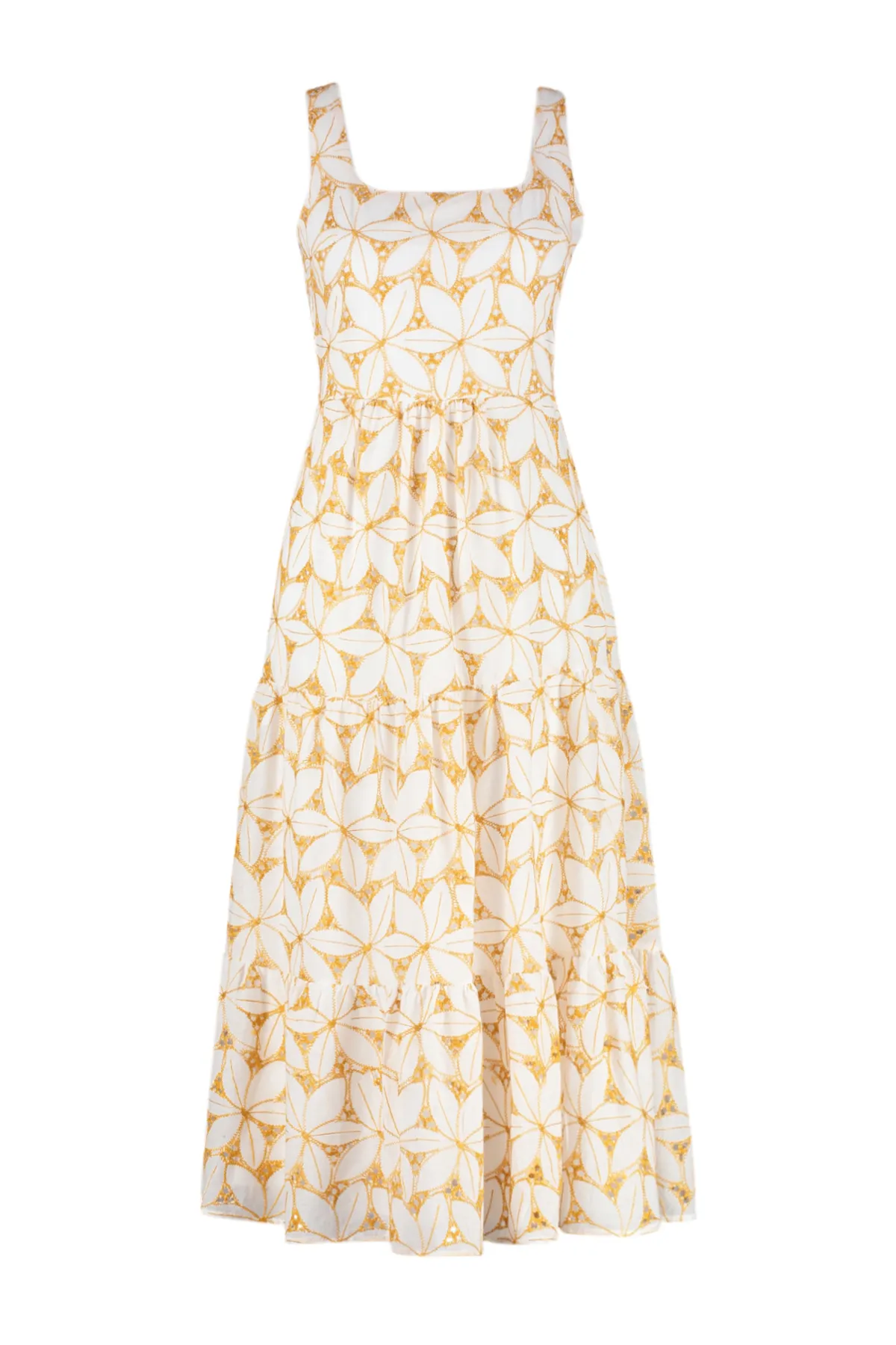 Trendyol Collection  Gelbes Midikleid mit Blumendruck und Stickerei – Öffnung an der Taille, gewebt – TWOSS24EL00796