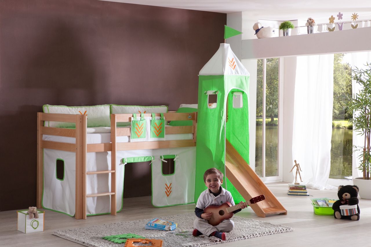Relita Halbhohes Spielbett ALEX mit Rutsche/Turm Buche massiv natur lackiert mit Stoffset Beige/Grün