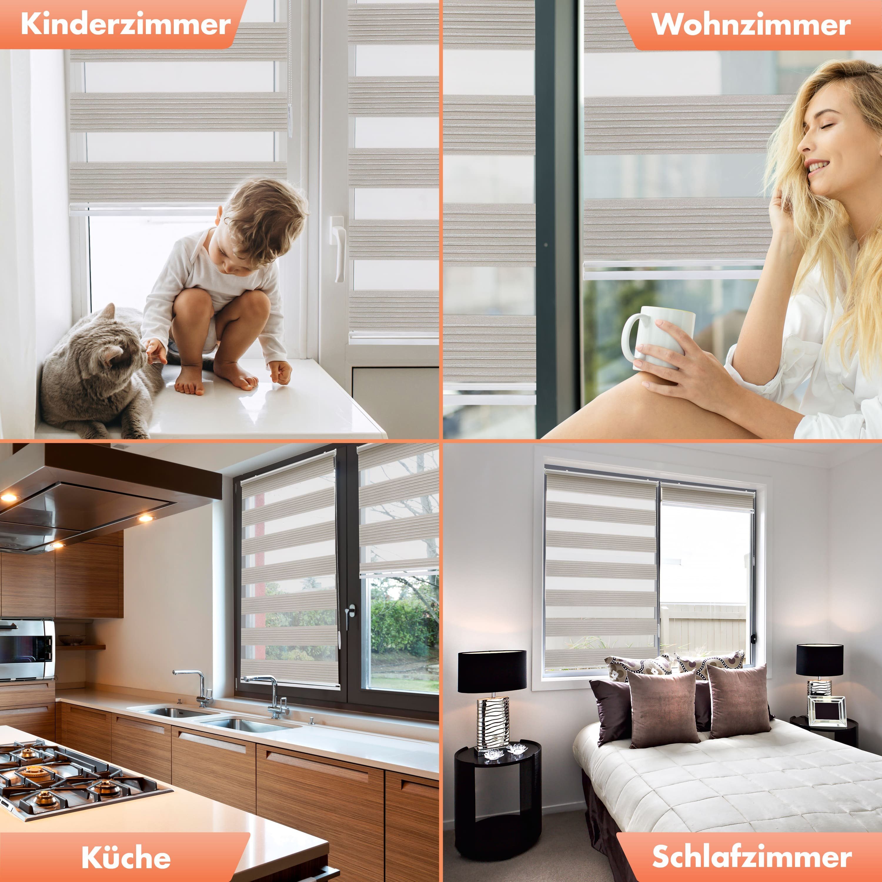 Doppelrollo für Fenster, Klemm Rollos ohne Bohren, Duo Rollo, Bailena, Lichtschutz, ohne Bohren, freihängend, Klemmfix, mit Glitzer Lux, Premium-Stoff