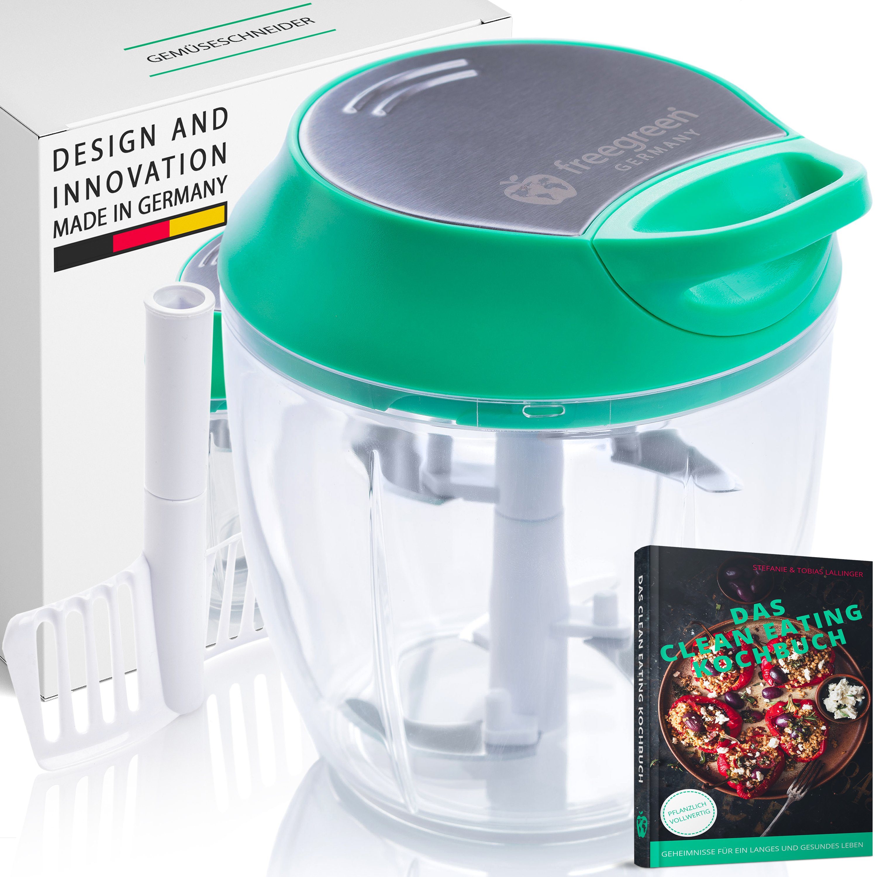 freegreen® Zwiebelhacker 940 ml, Multi-Zerkleinerer I Zwiebelschneider I Universalzerkleinerer, Edelstahl Gemüseschneider mit Mixer-Einsatz und Frischhaltedeckel