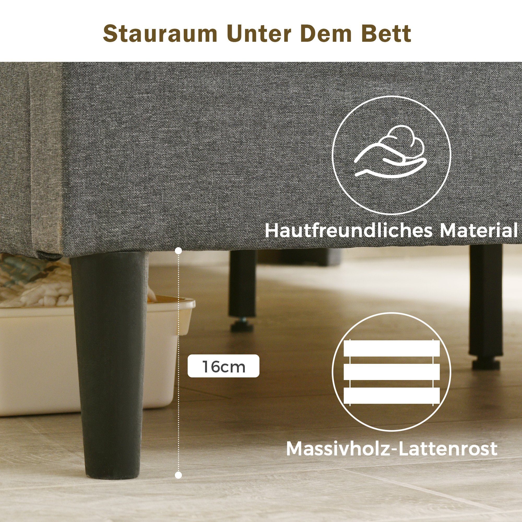 Flieks Polsterbett, LED-Beleuchtung Doppelbett mit Stauraum 140x200cm Leinen