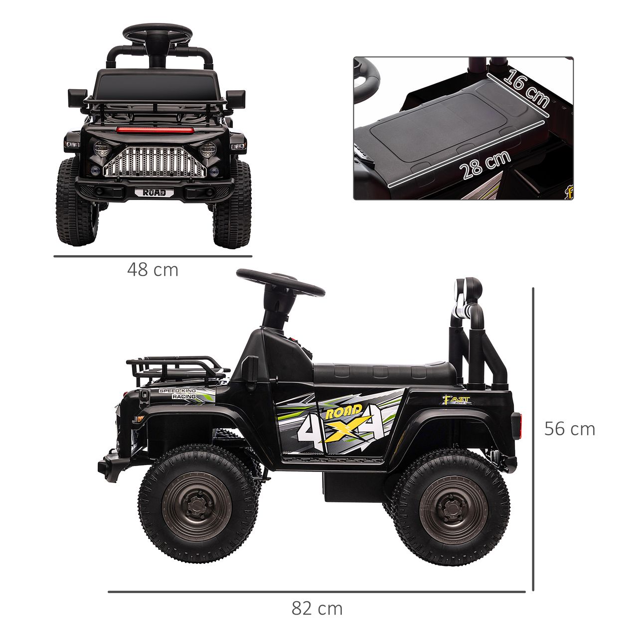 HOMCOM Elektro Kinderauto, Geländewagen mit Musikanschluss, Stauraum, Schwarz