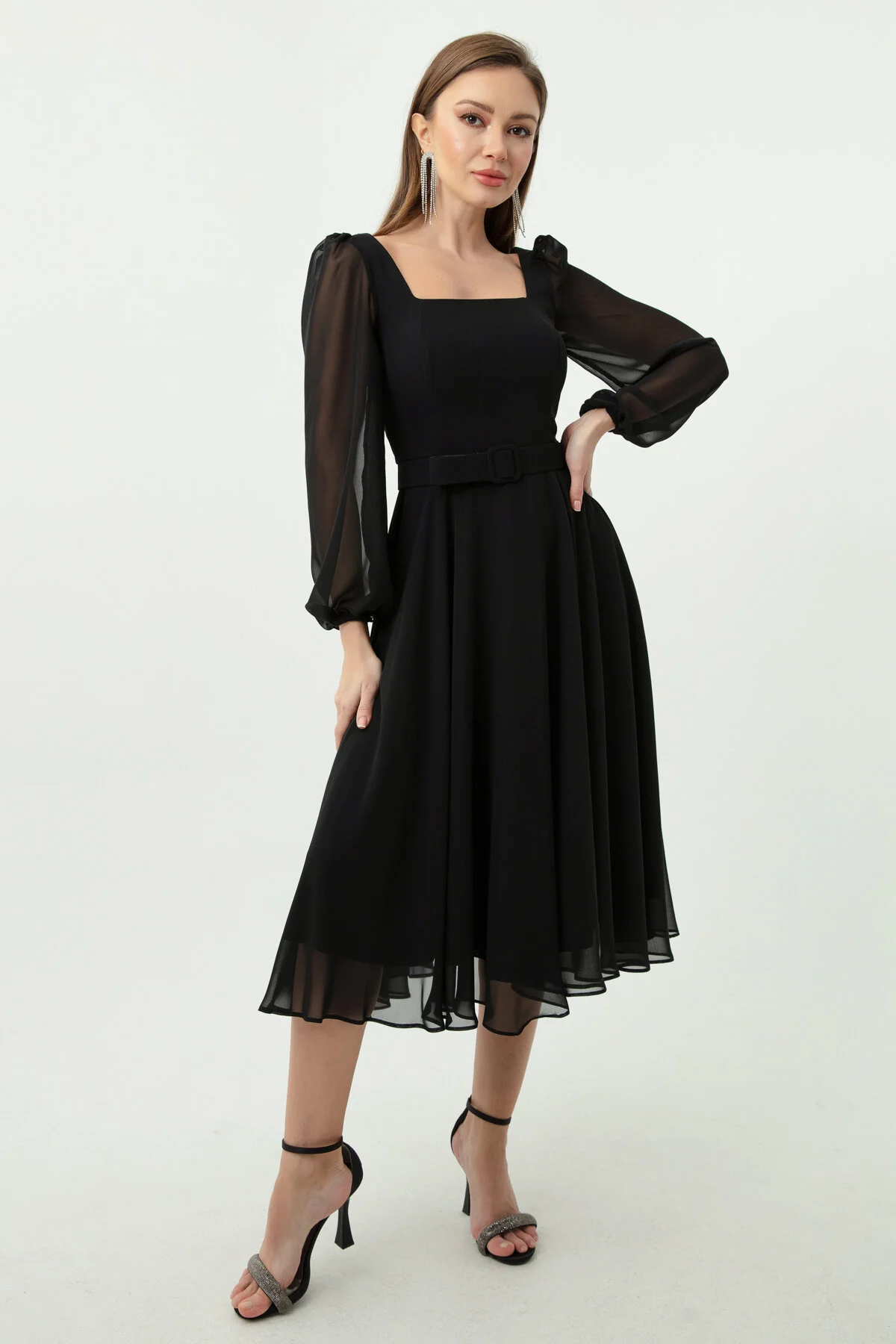 Lafaba  Schwarzes Abendkleid aus Midi-Chiffon mit quadratischem Ausschnitt und Gürtel für Damen