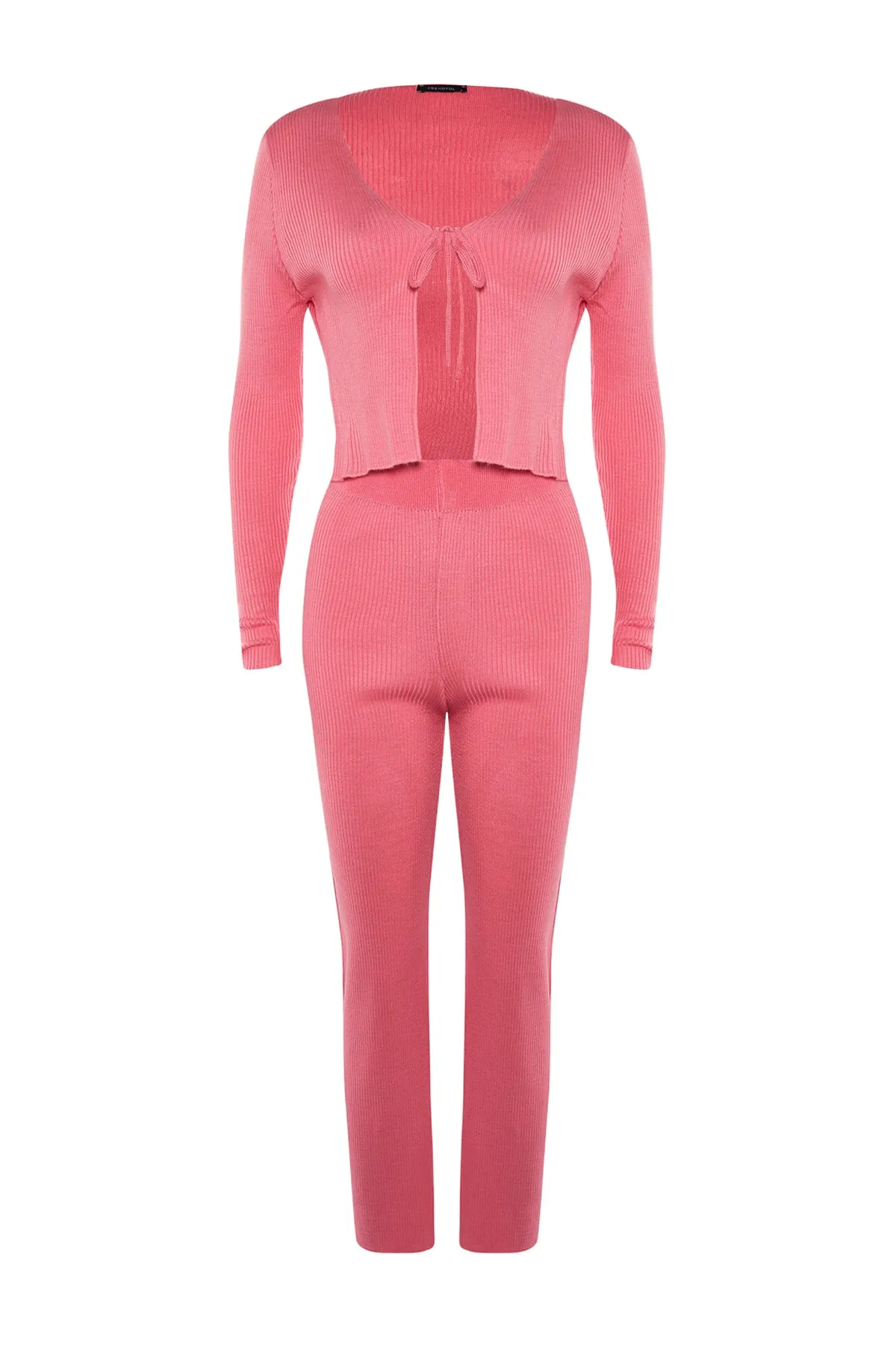 Trendyol Collection  Rosa Strickoberteil und -unterteil mit kurzem Schnitt und Krawattendetail TWOAW23AU00264