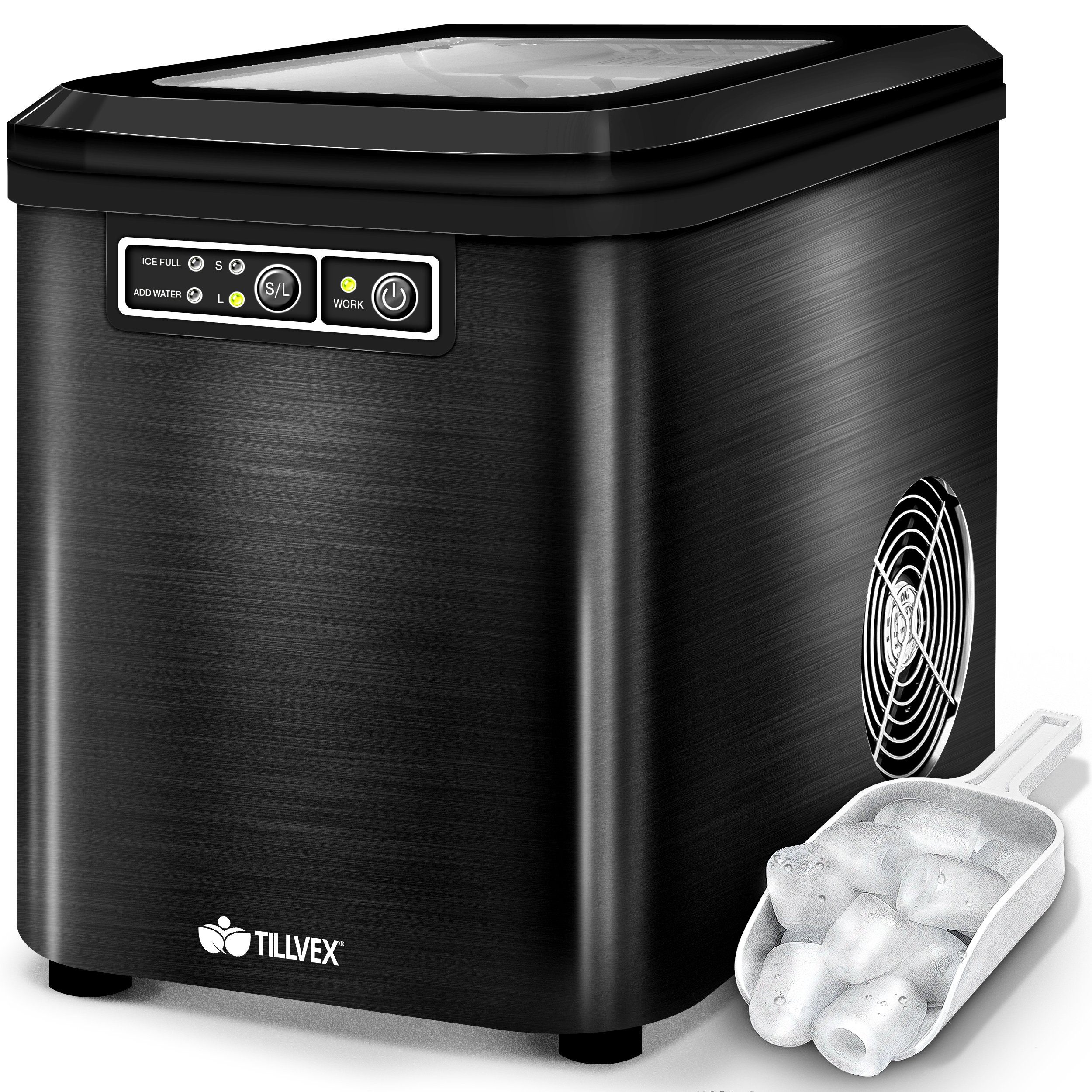 tillvex Eiswürfelmaschine 2,2 Liter Wassertank Ice-Maker LED-Display & Selbstreinigungsfunktion, Edelstahl 12 kg - 24 h, Eiswürfelbereiter