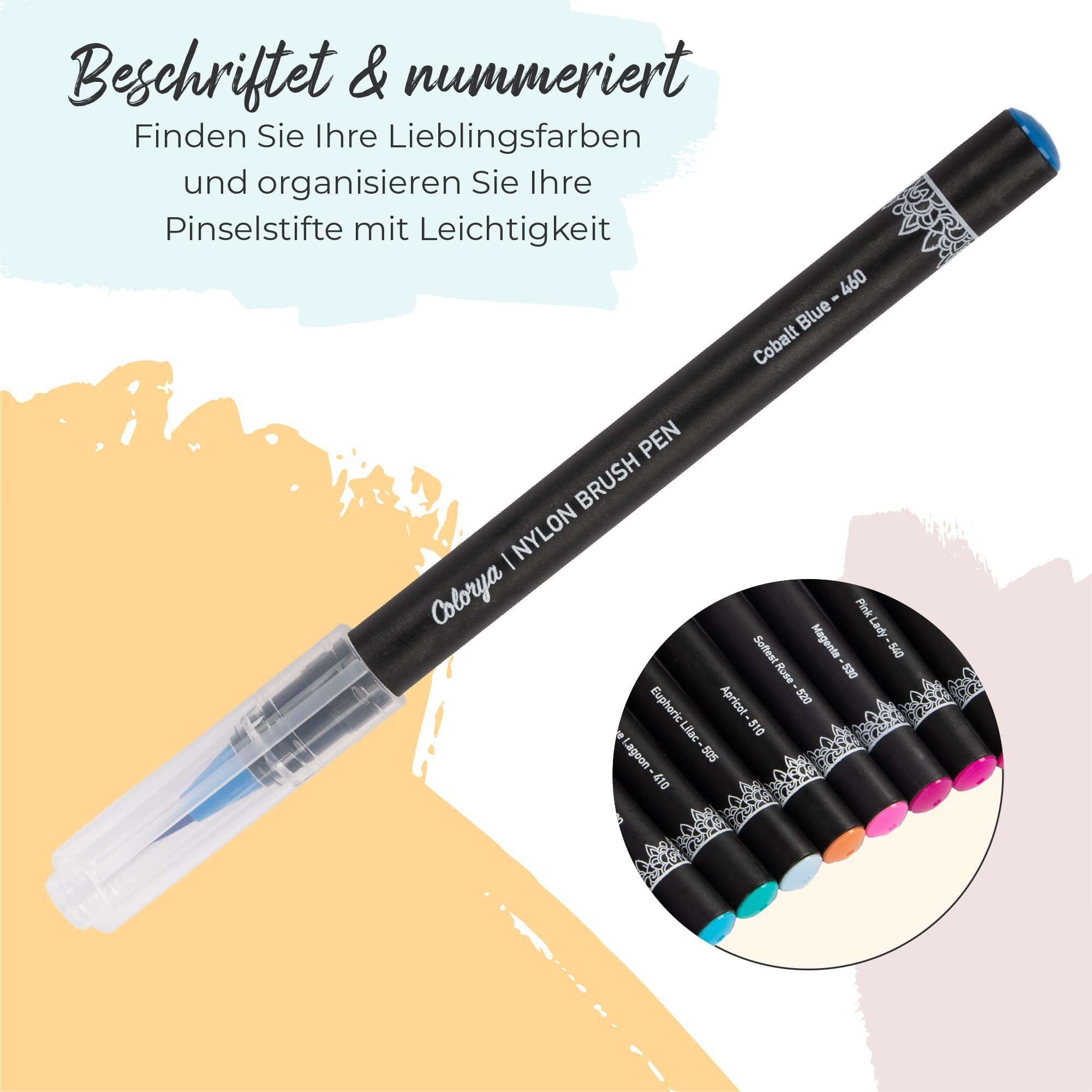 Colorya Pinselstift 50er Pinselstifte-Set mit Nylonspitze und praktischer Tragetasche, 50er Pinselstifte Set mit Nylonspitze und Tragetasche